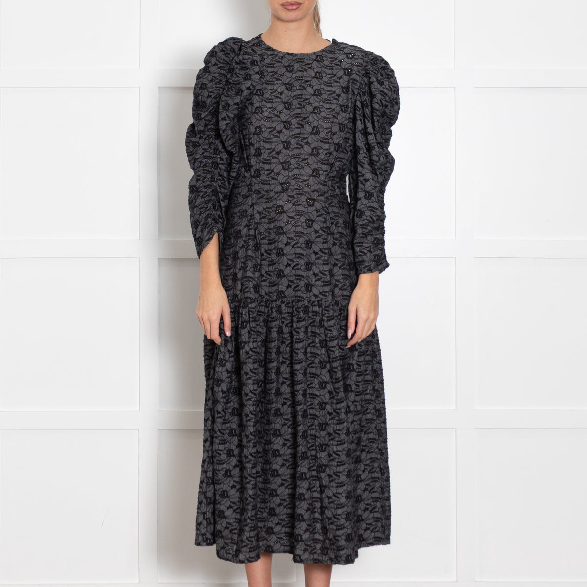 Stella Nova Blue And Black Broderie Anglais Puff Sleeve Dress