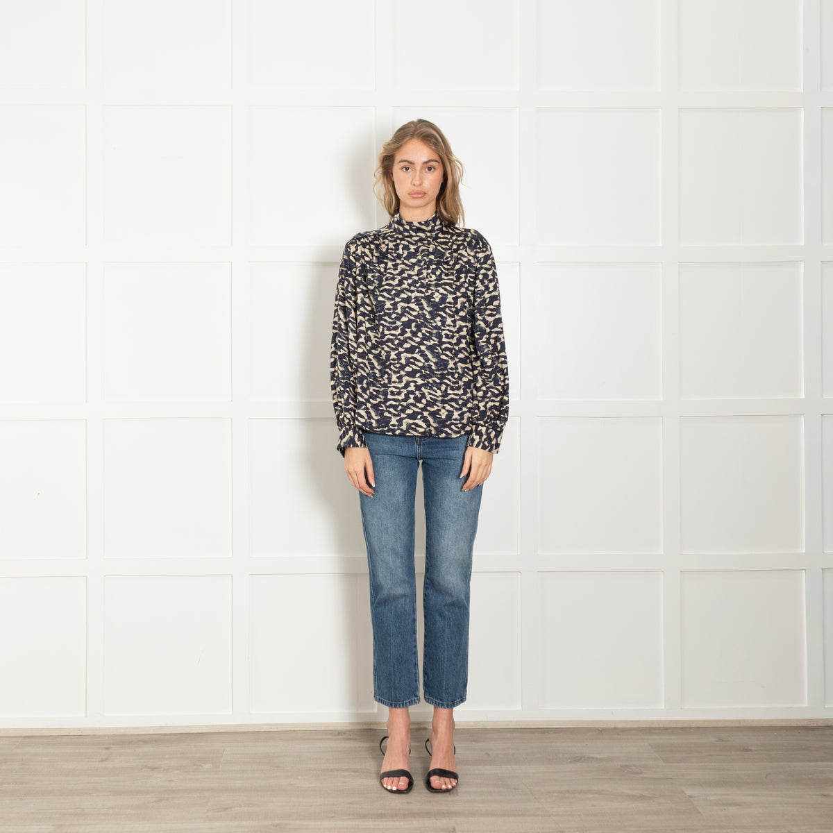 Ba&sh Navy & Beige High Neck Patterned Blouse