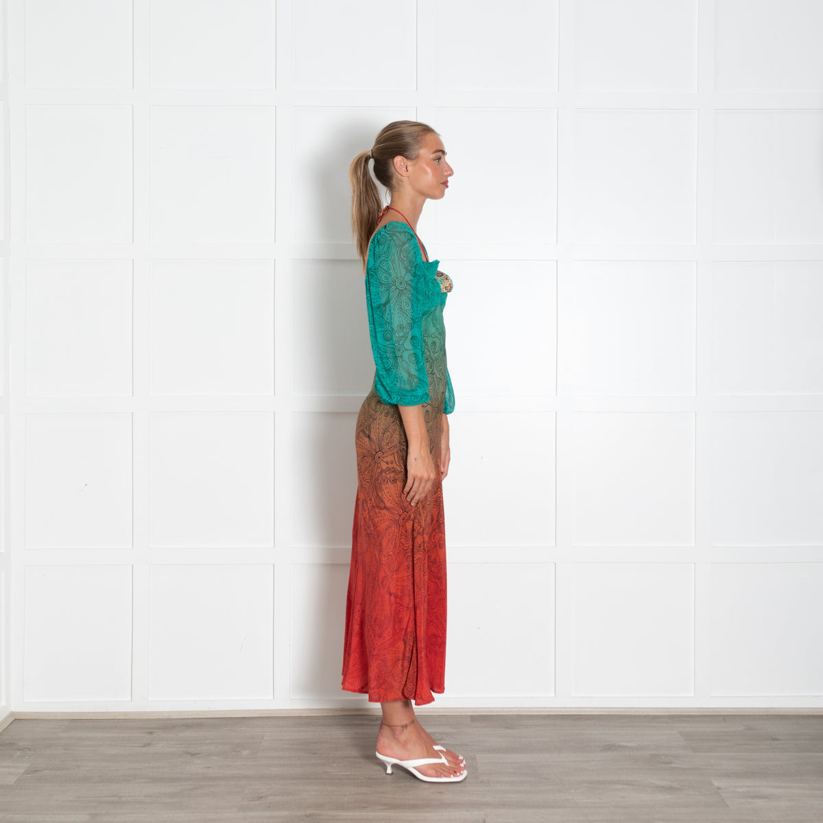 Rixo London Green Orange Butterfly Silk Midi Dress