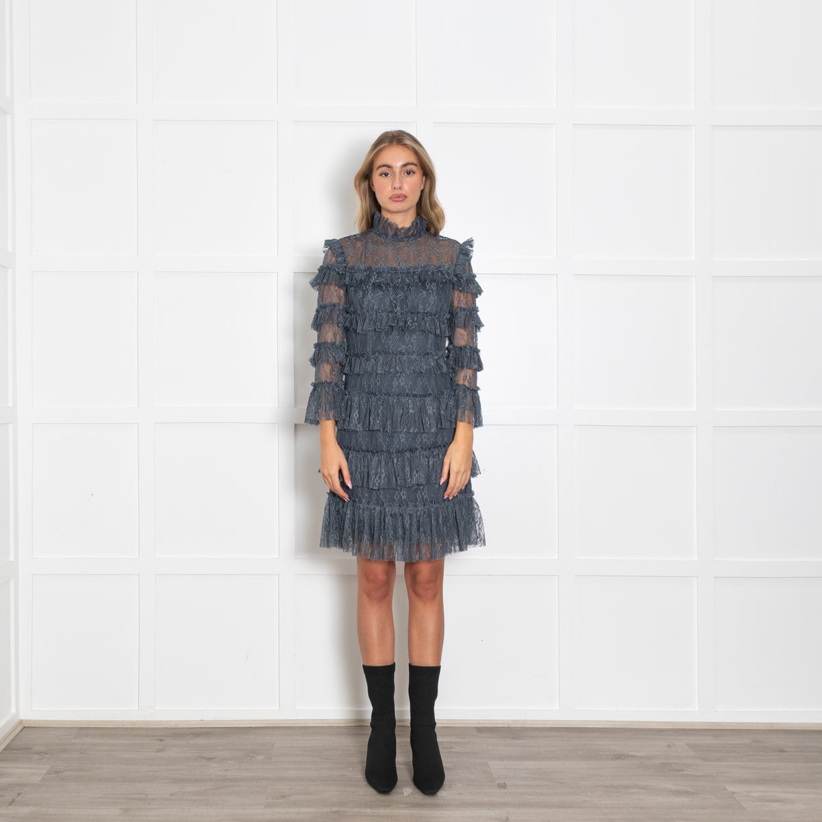 By Malina Teal Lace Mini Tiered Dress