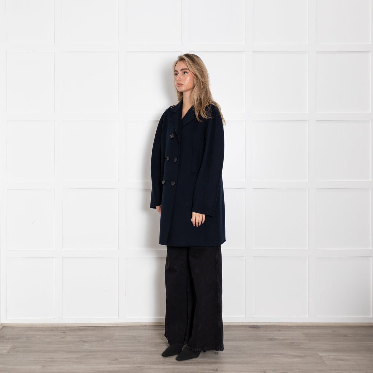 S Max Mara Navy Blue Wool Double Breasted Short Coat