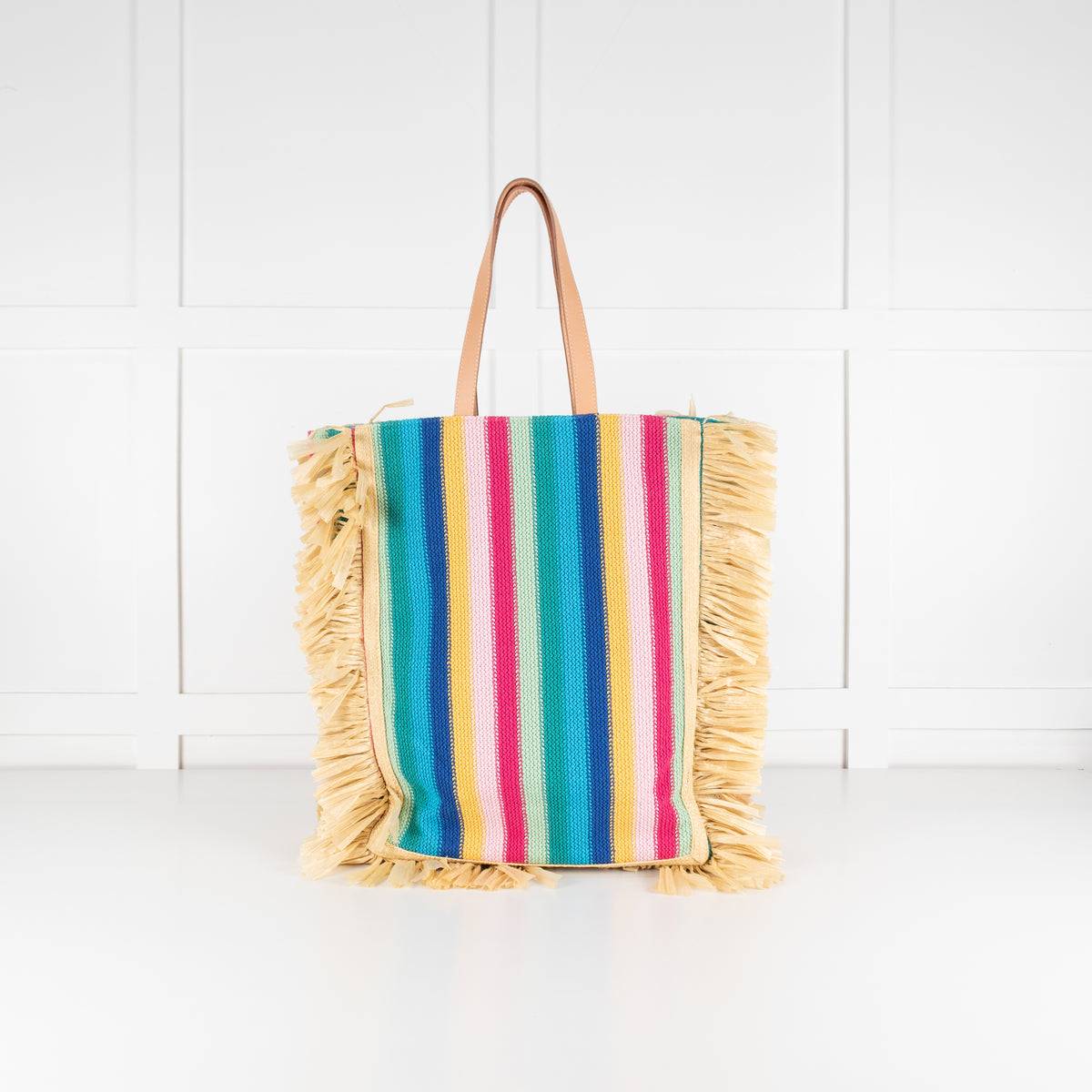 La Double J Vibrant Striped Crochet Knit Tote With Raffia Fringe Trim