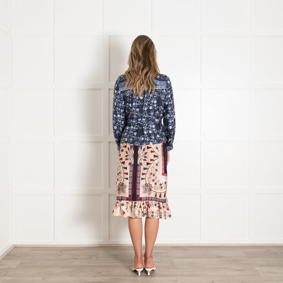 Sandro Navy Cream Red Floral Long Sleeve Belted Dress