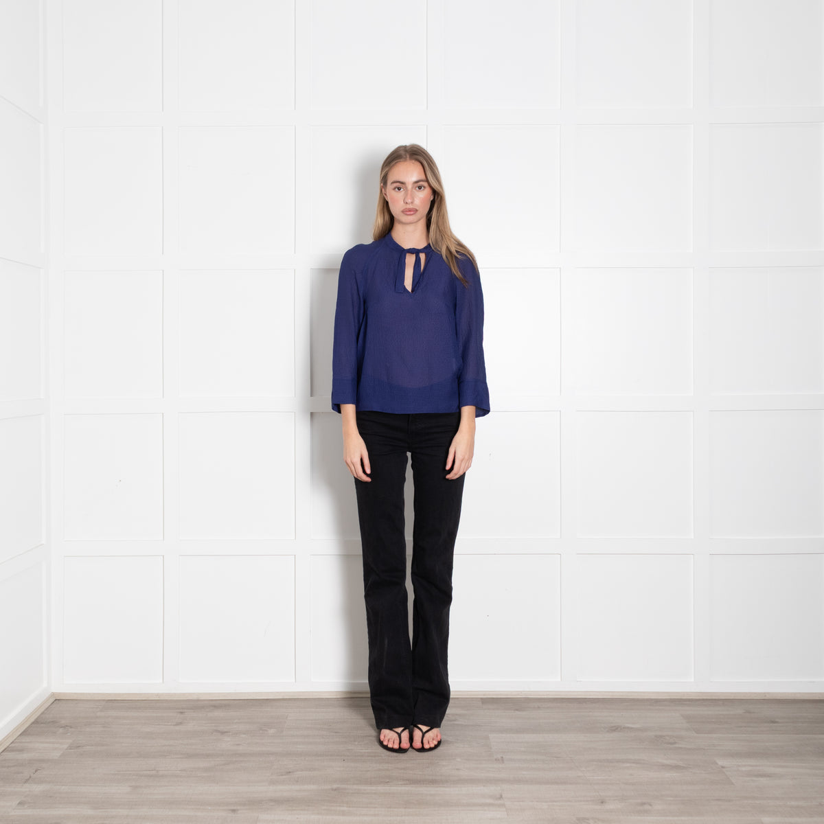 Maje Dark Blue Sheer Textured Tie Neck Top