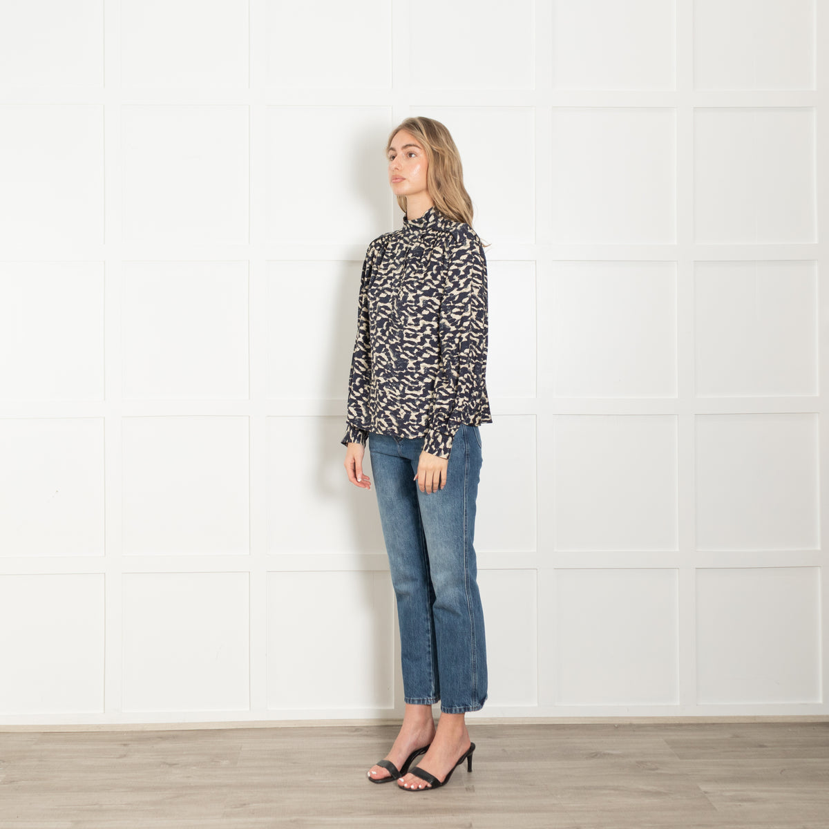 Ba&sh Navy & Beige High Neck Patterned Blouse