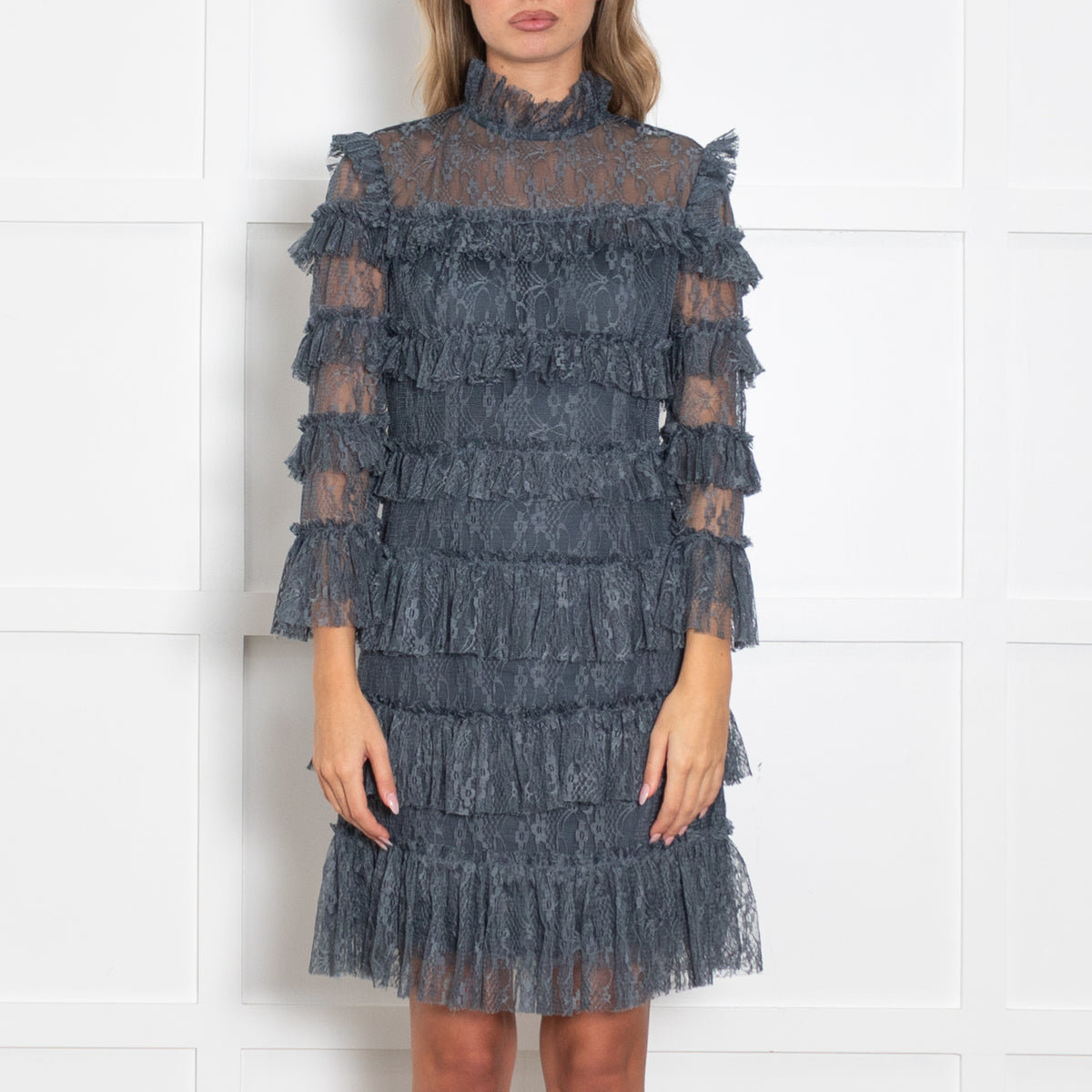 By Malina Teal Lace Mini Tiered Dress