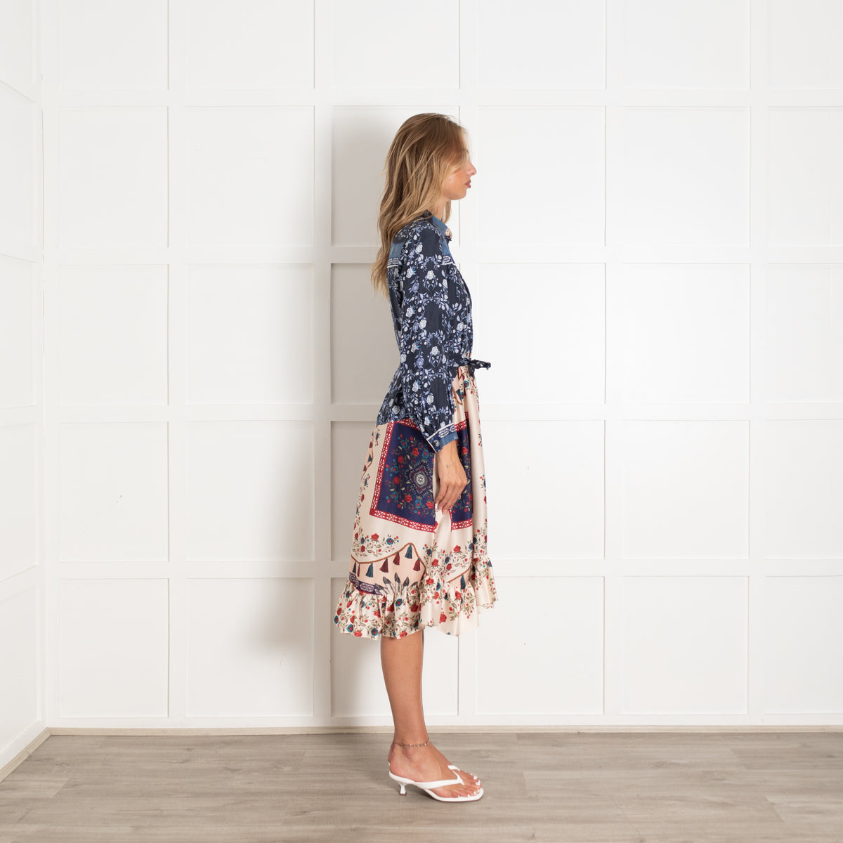 Sandro Navy Cream Red Floral Long Sleeve Belted Dress