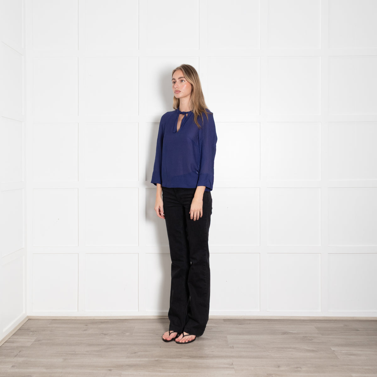 Maje Dark Blue Sheer Textured Tie Neck Top