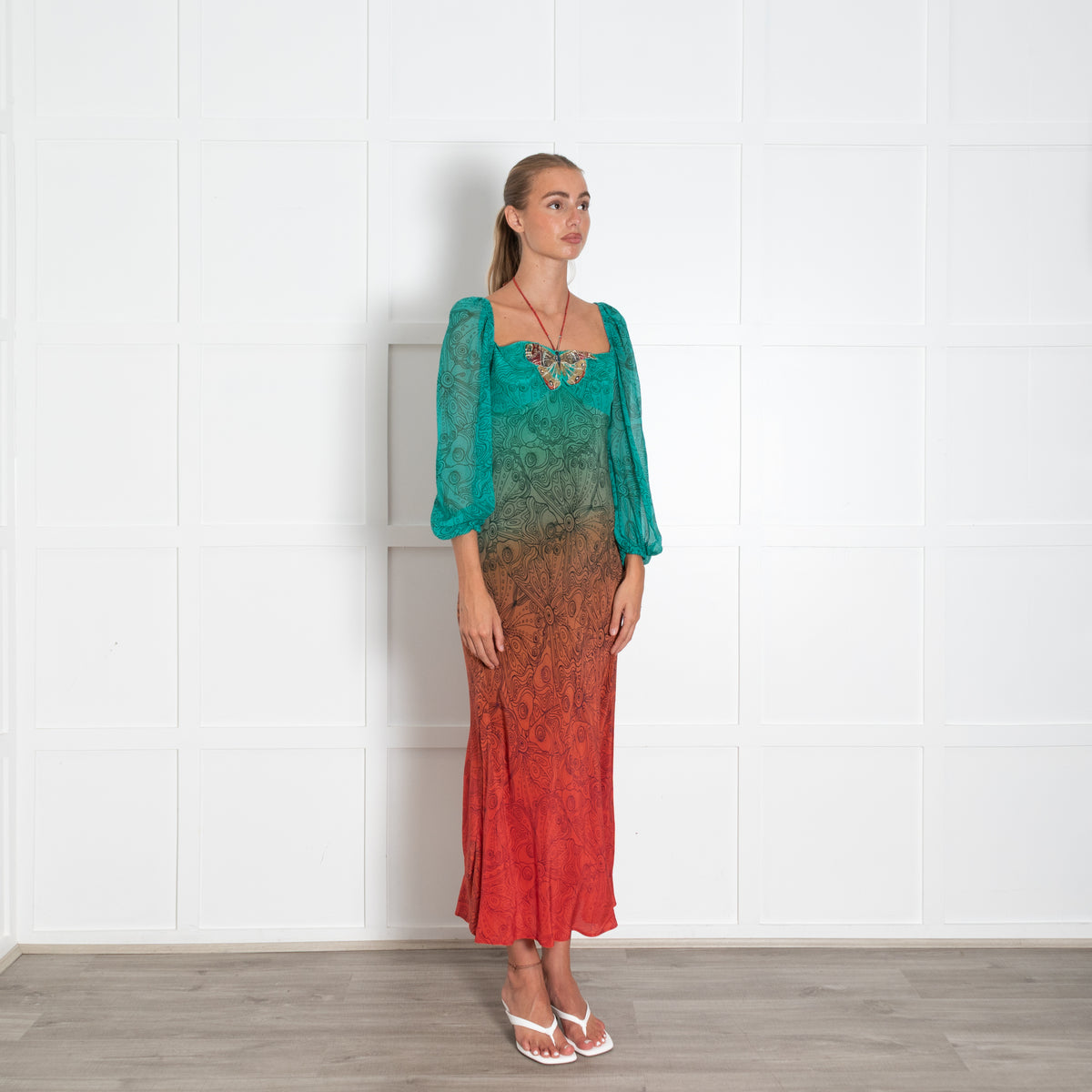 Rixo London Green Orange Butterfly Silk Midi Dress