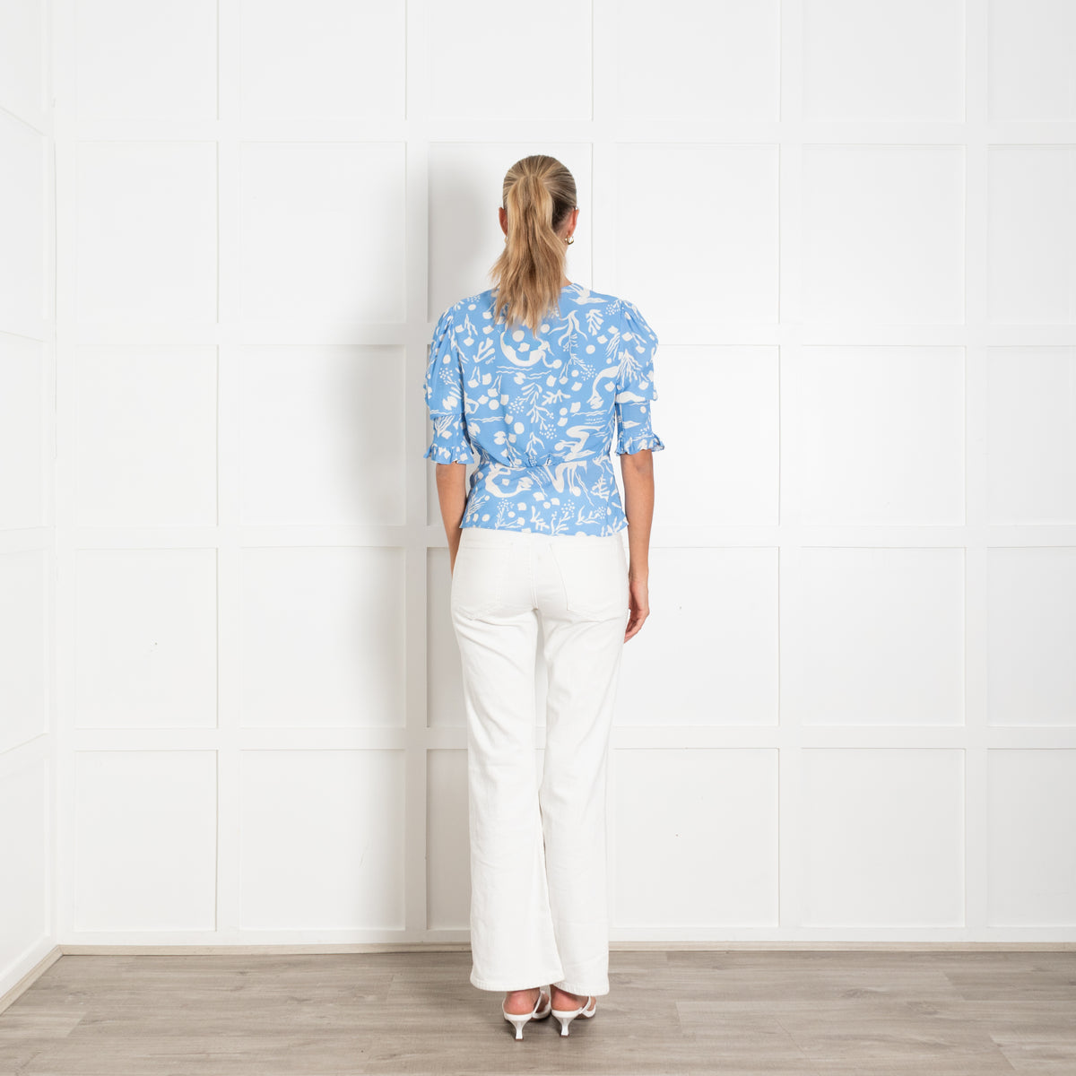 Rixo Blue Cream Siren Print Short Sleeve Top