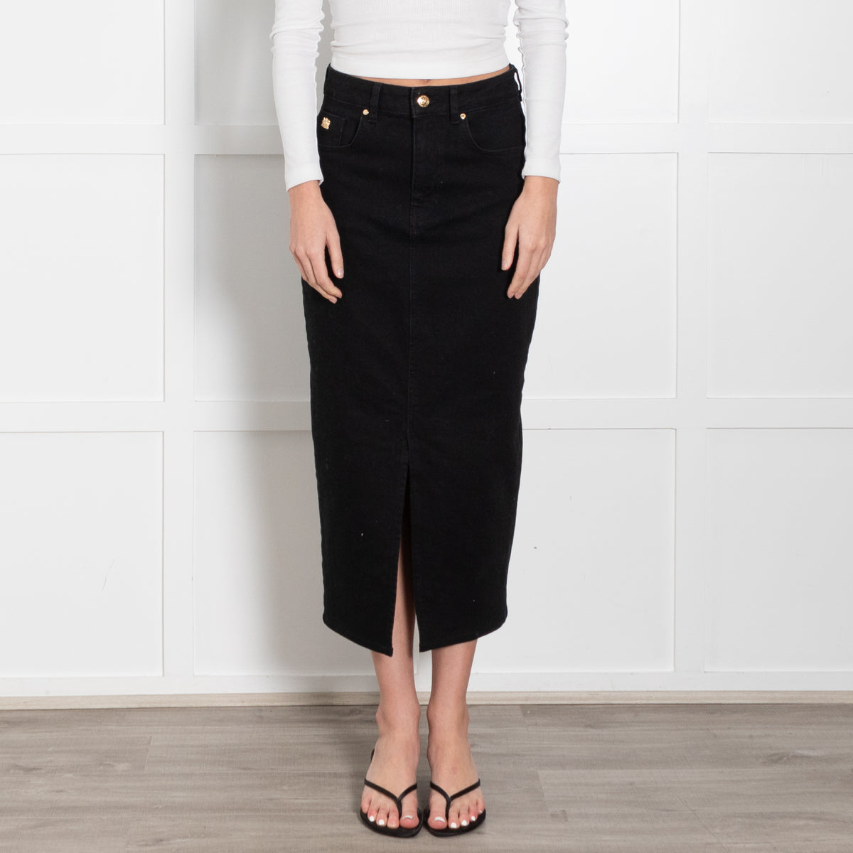 Holland Cooper Black Denim Pencil Midi Skirt With Split Front