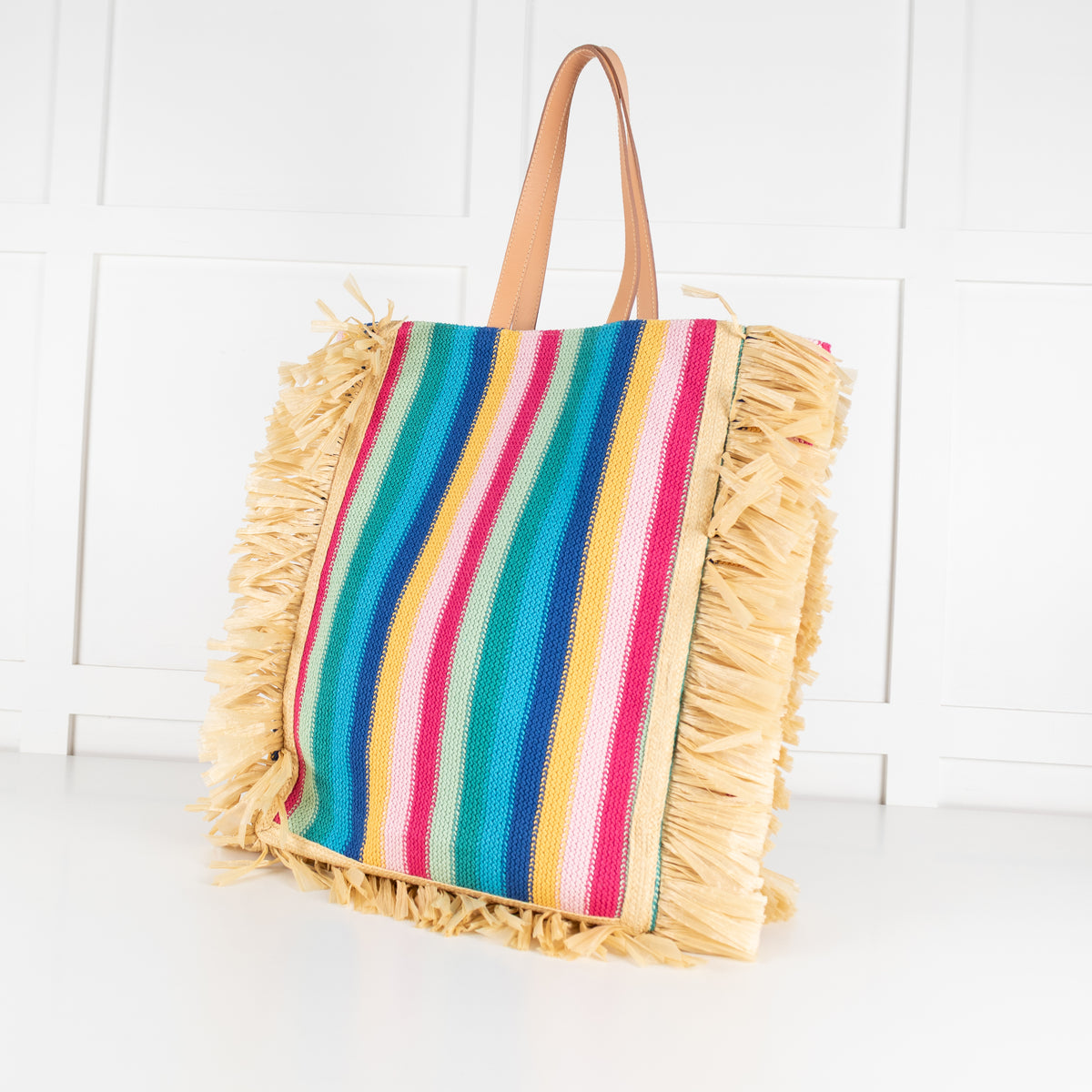 La Double J Vibrant Striped Crochet Knit Tote With Raffia Fringe Trim