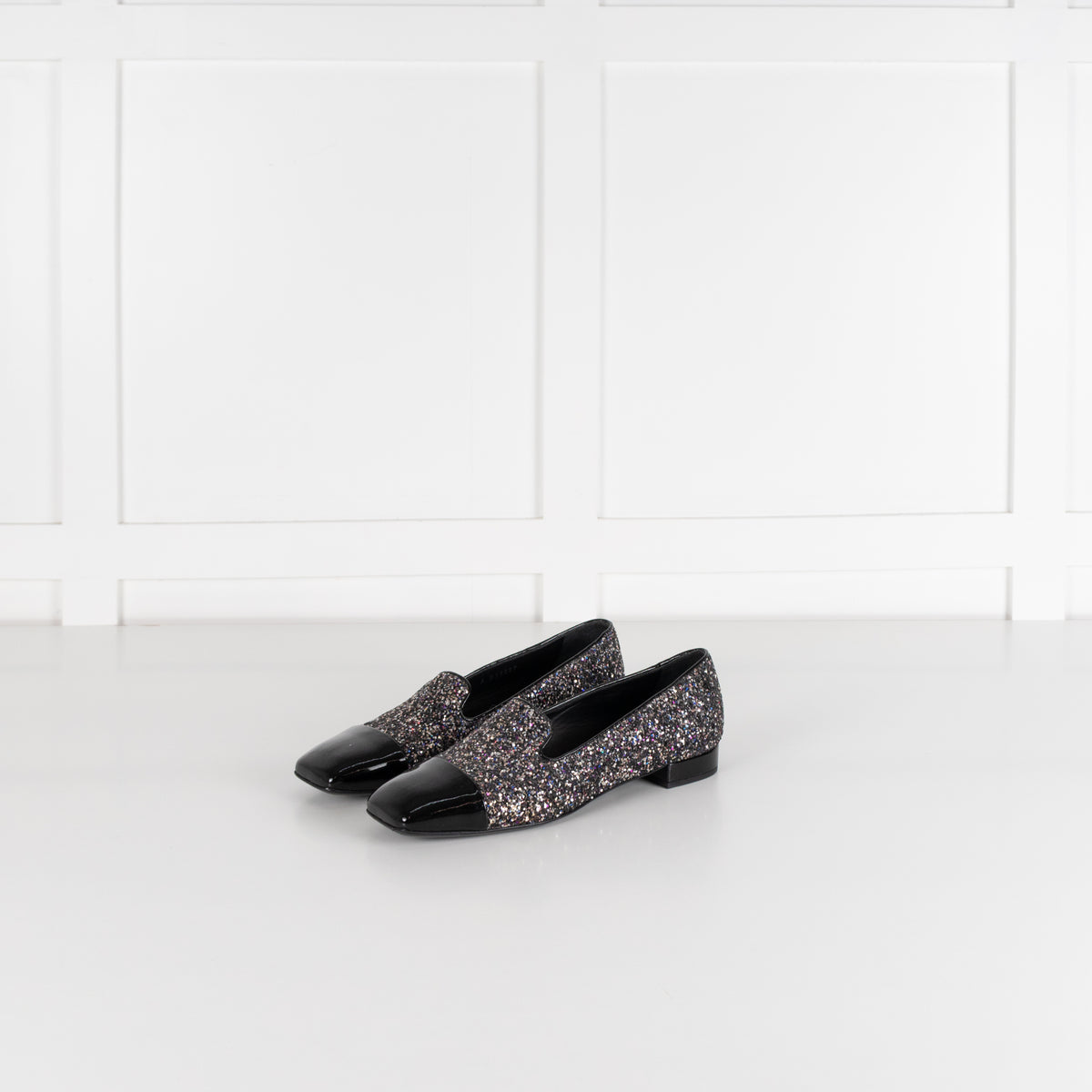 Chanel Black Glitter Cap Toe Loafers