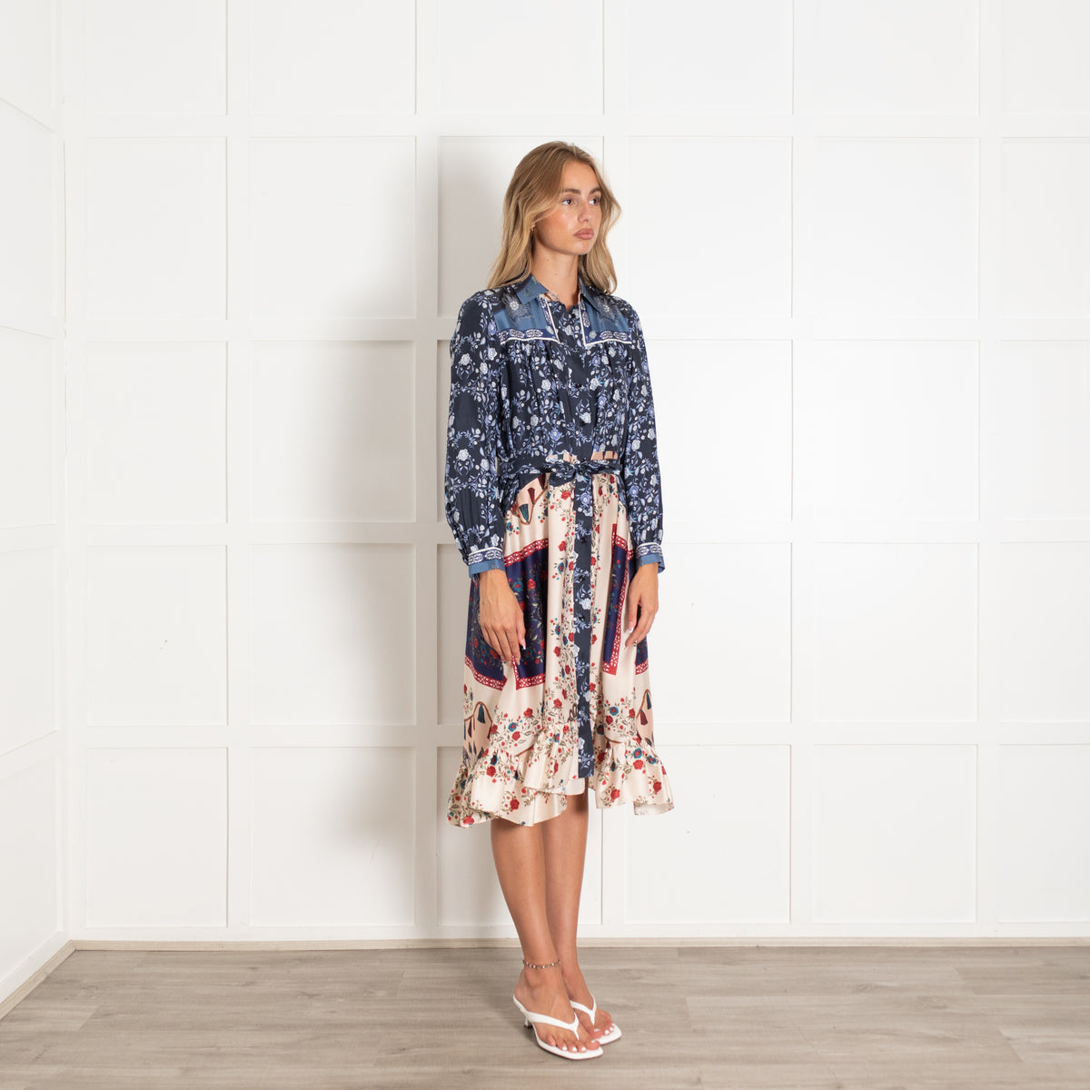 Sandro Navy Cream Red Floral Long Sleeve Belted Dress