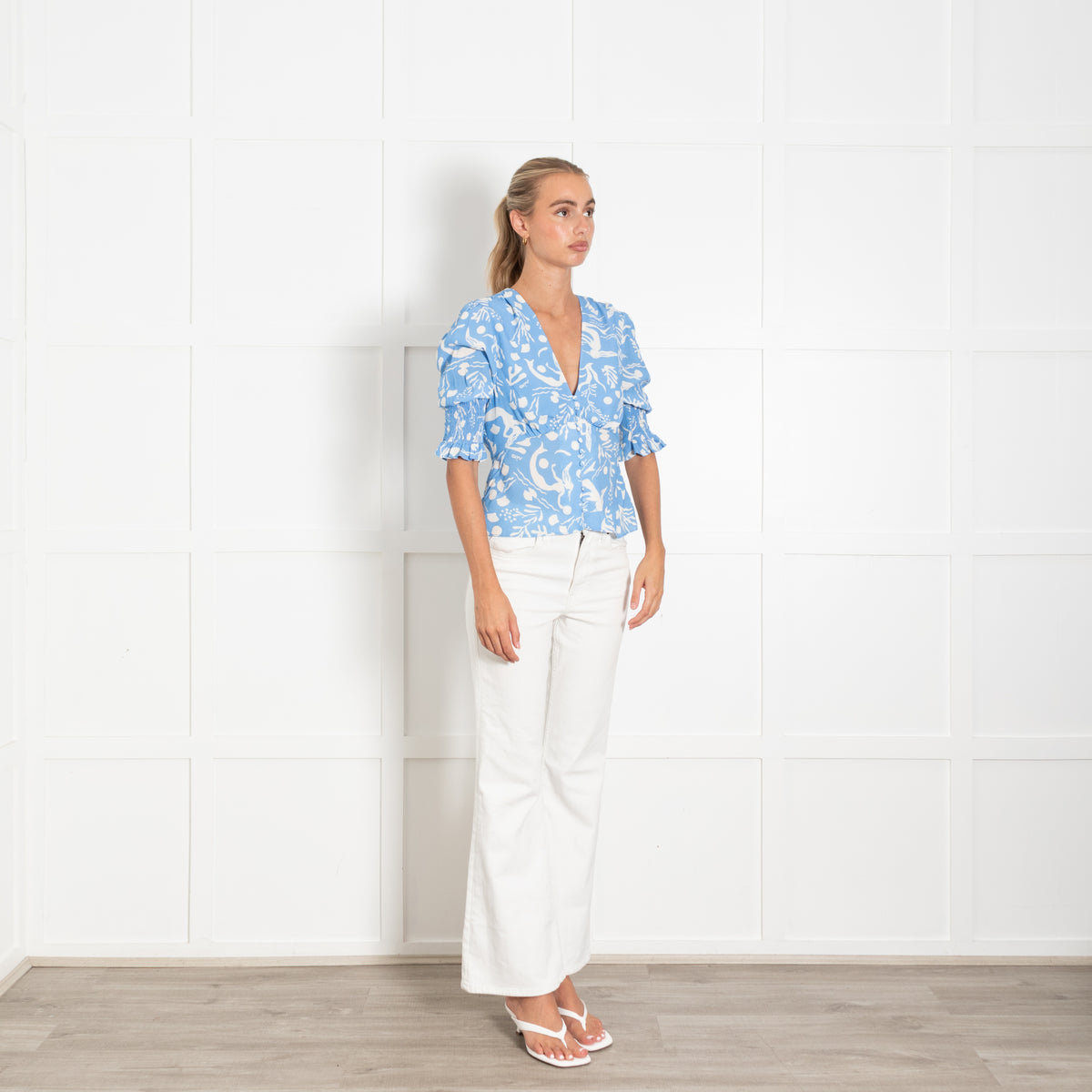 Rixo Blue Cream Siren Print Short Sleeve Top