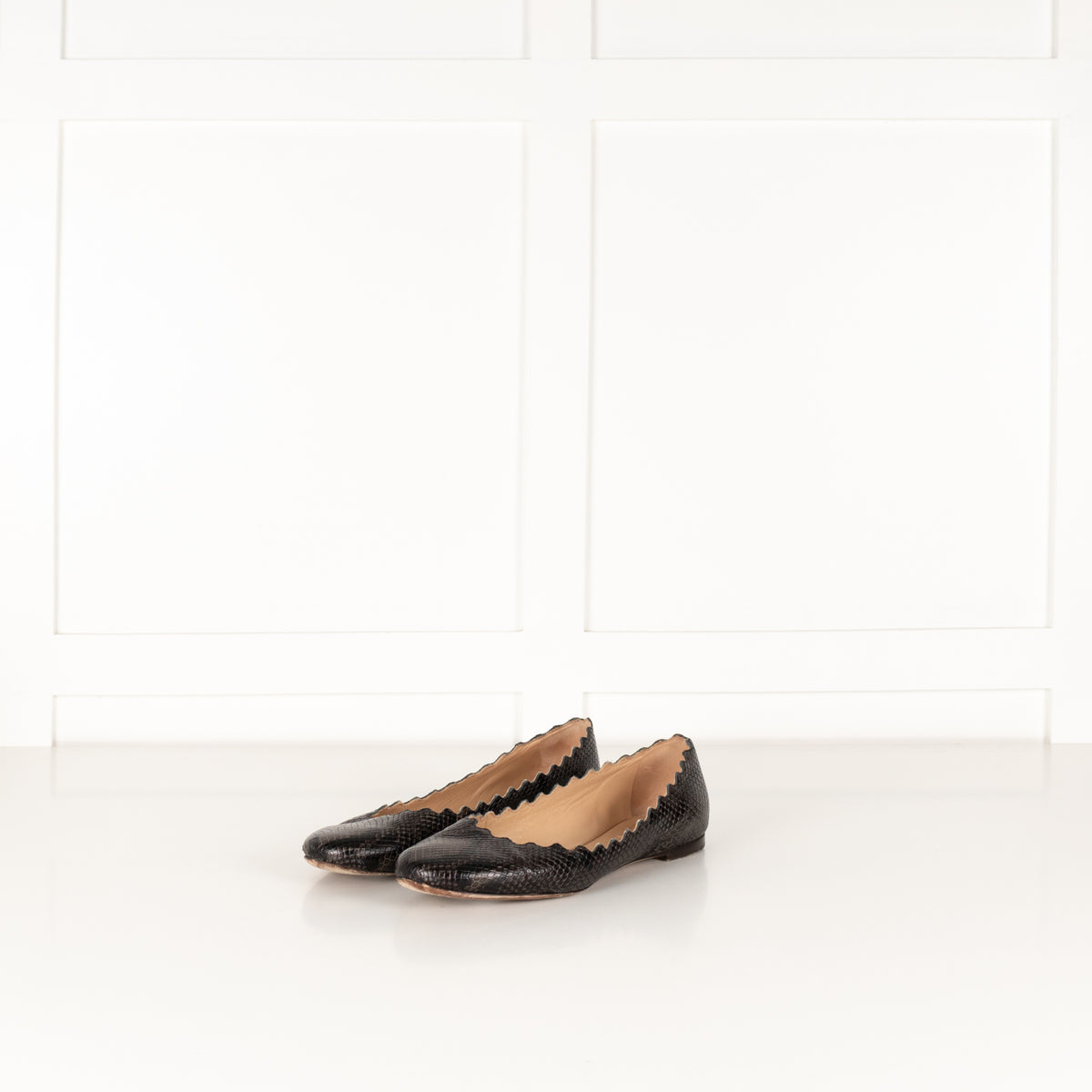 Chloe Dark Grey Black Snake Skin Flat Pumps