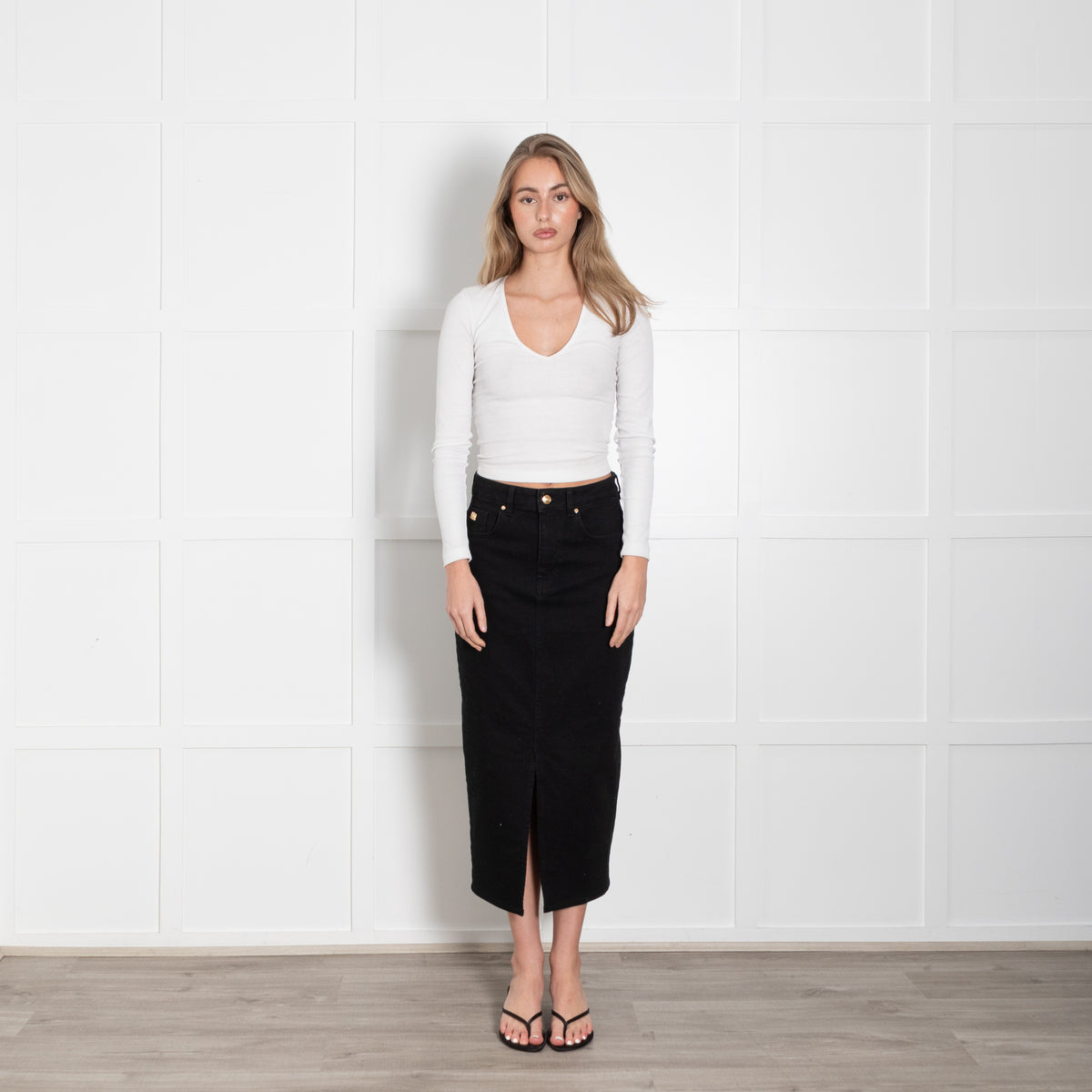 Holland Cooper Black Denim Pencil Midi Skirt With Split Front