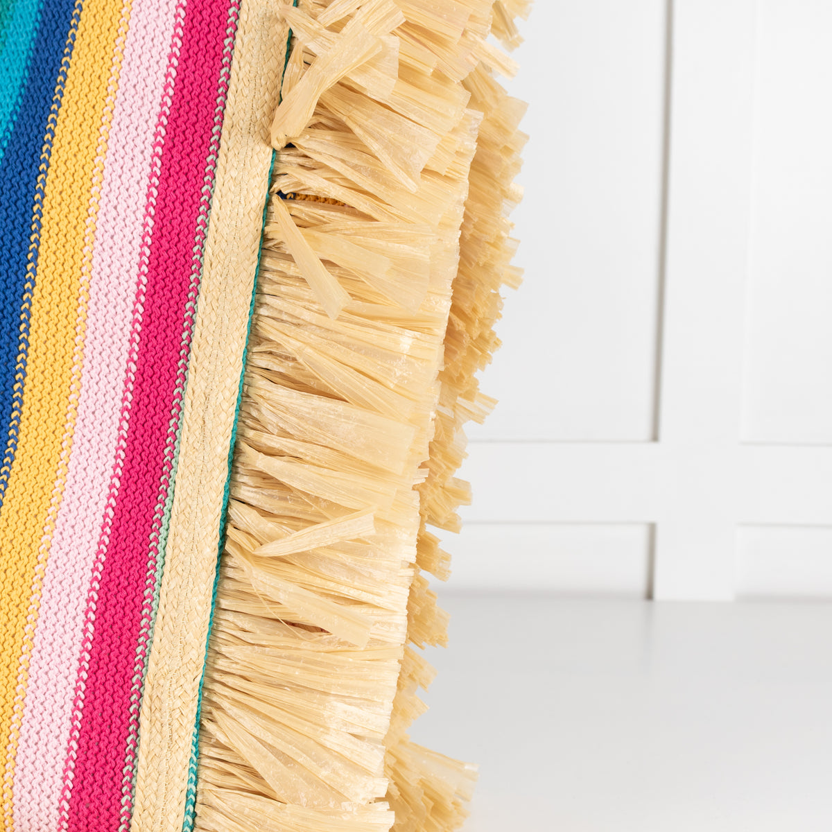 La Double J Vibrant Striped Crochet Knit Tote With Raffia Fringe Trim