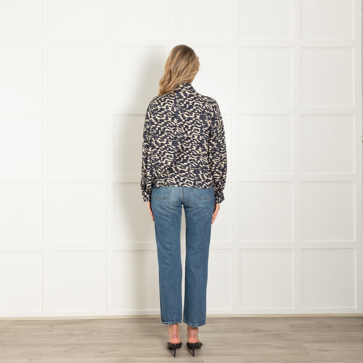 Ba&sh Navy & Beige High Neck Patterned Blouse