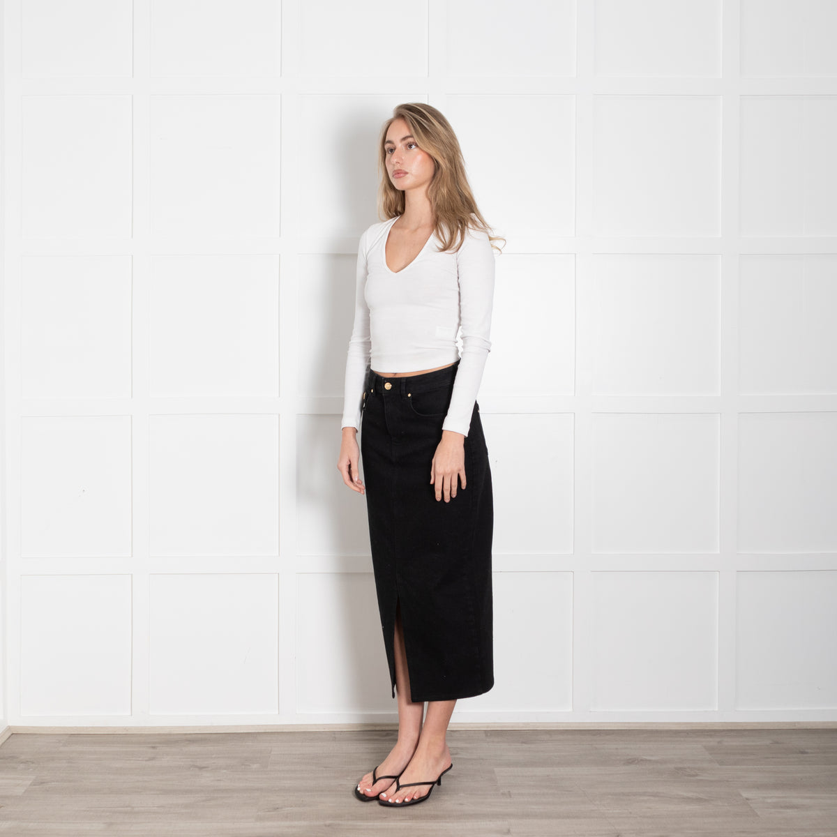 Holland Cooper Black Denim Pencil Midi Skirt With Split Front