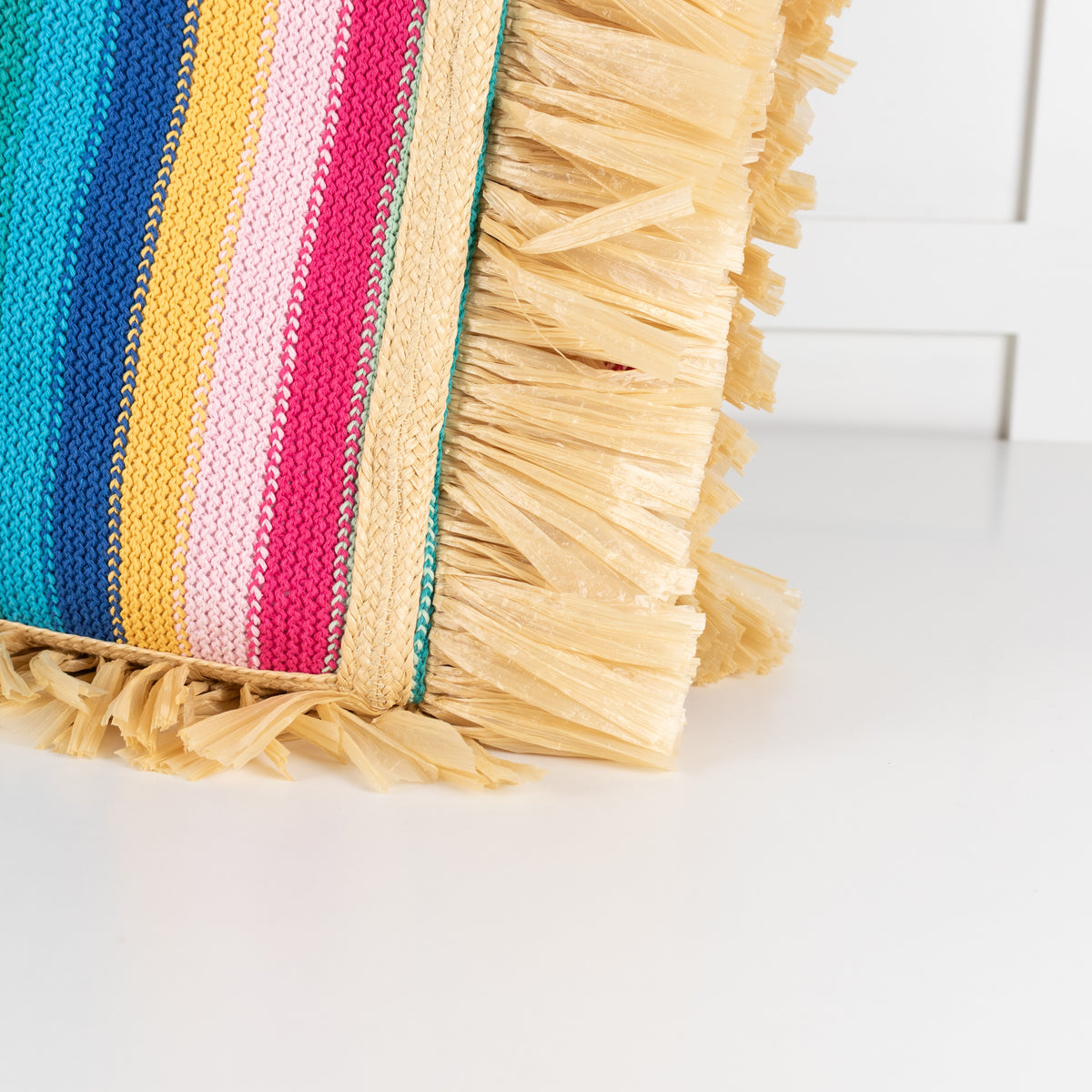 La Double J Vibrant Striped Crochet Knit Tote With Raffia Fringe Trim