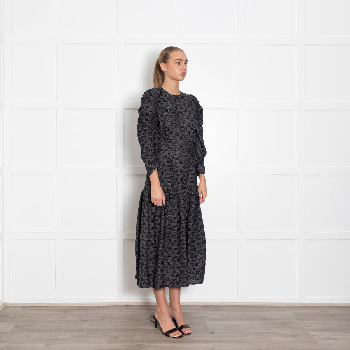 Stella Nova Blue And Black Broderie Anglais Puff Sleeve Dress