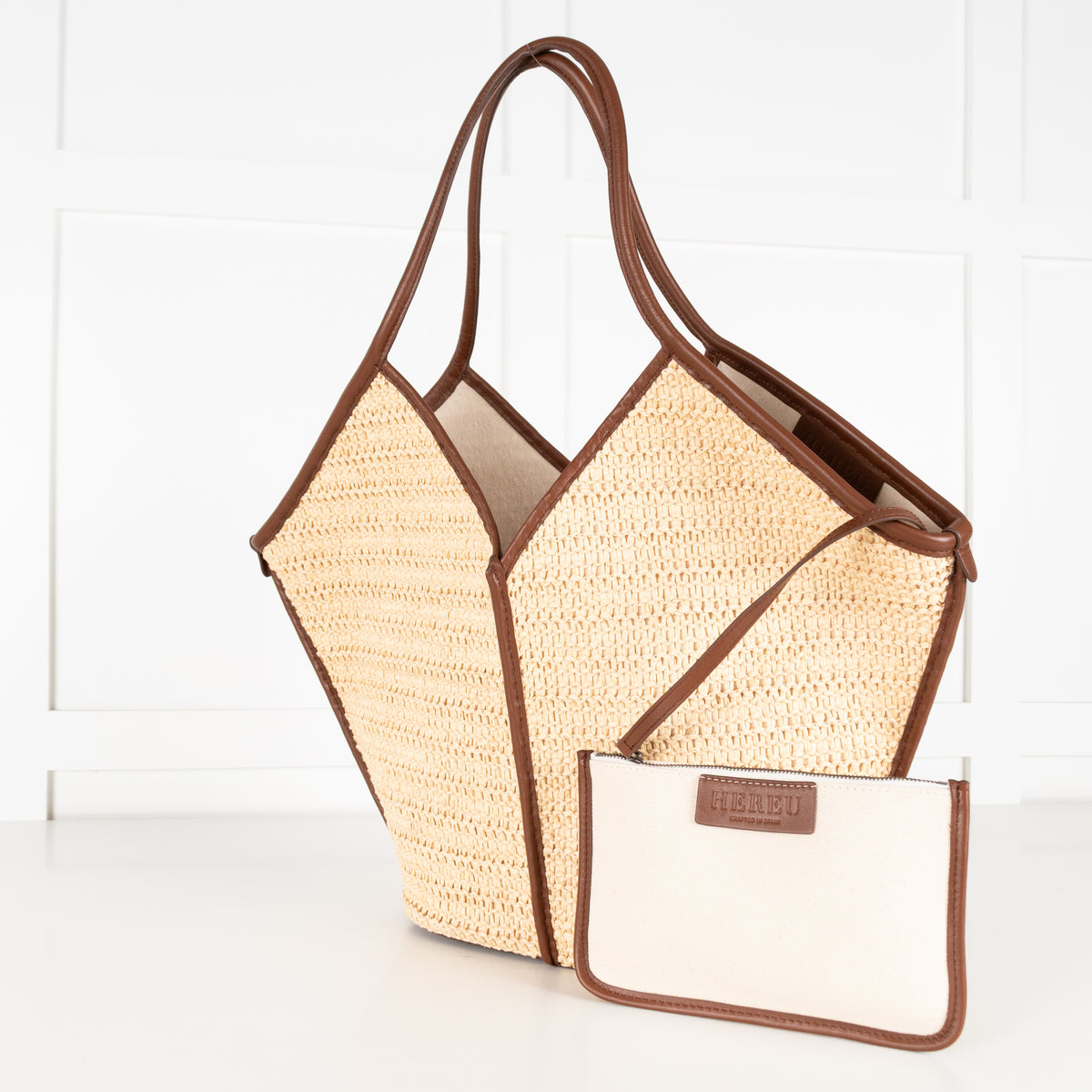 Hereu Natural Calella Raffia Brown Leather Trim Bag