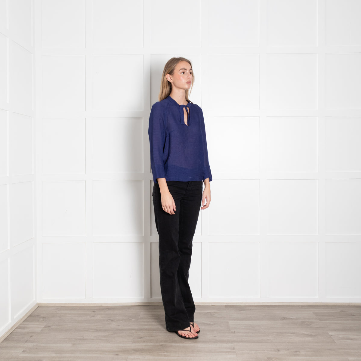 Maje Dark Blue Sheer Textured Tie Neck Top