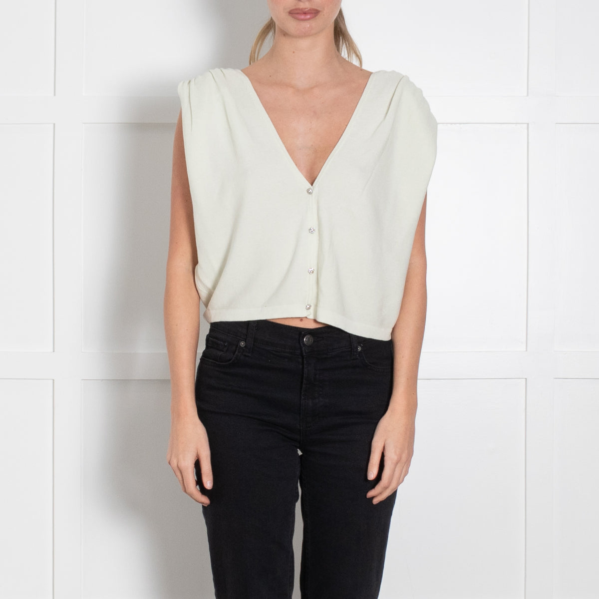 Ba & Sh Pistachio Green Sleeveless V-Back Crystal Button Sleeveless Knit Top