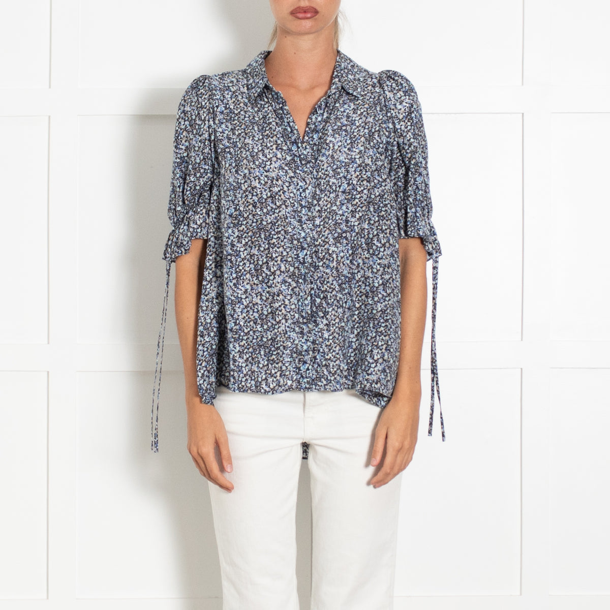 Joslin Blue Small Floral Print Short Sleeve Top