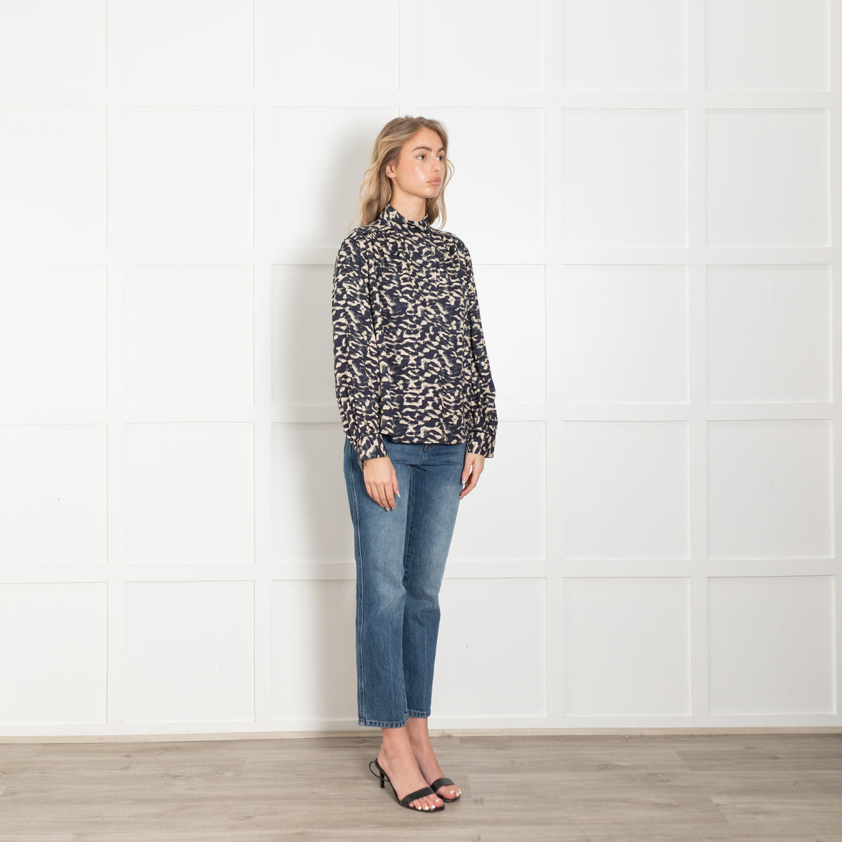 Ba&sh Navy & Beige High Neck Patterned Blouse