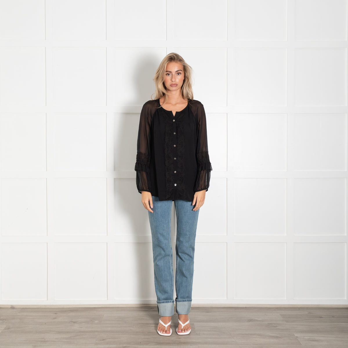 Diane Von Furstenberg Black Lace Trim Blouse