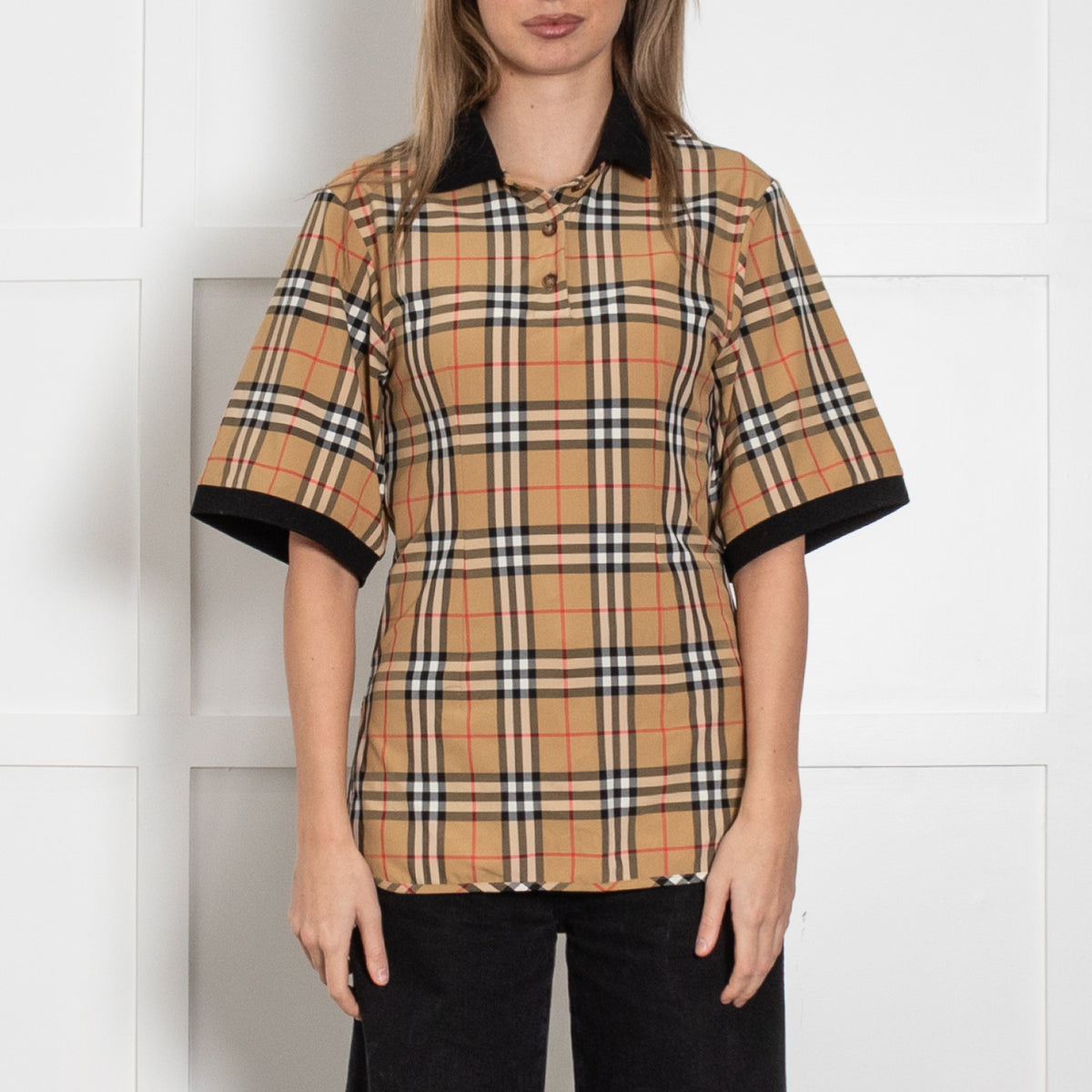 Burberry Check Polo Stretch Shirt With Black Collar