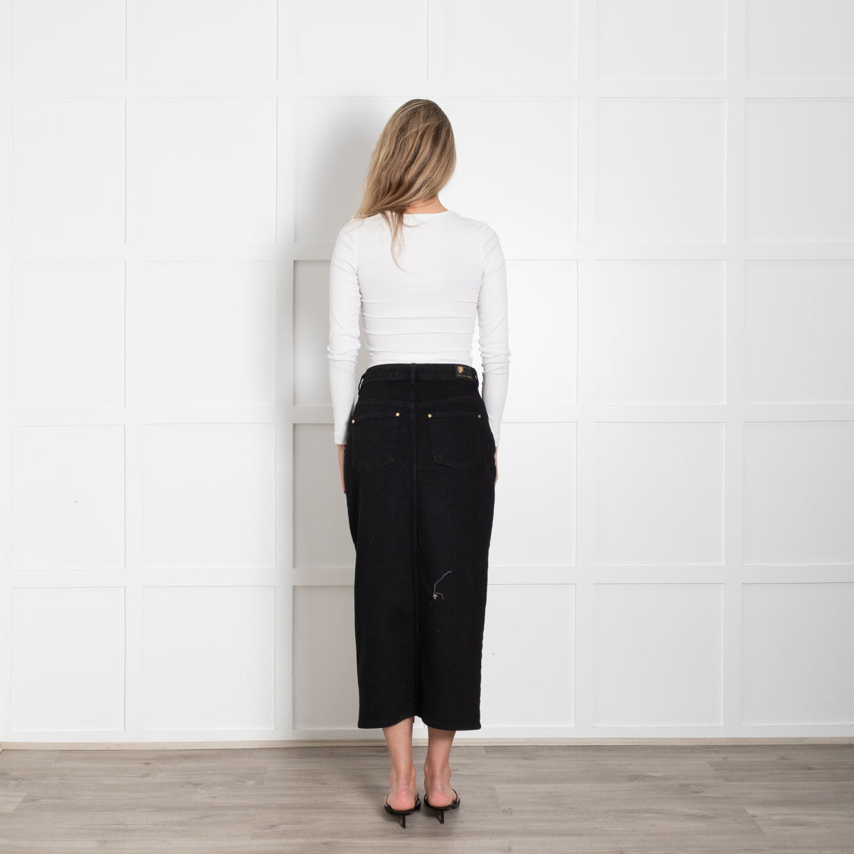 Holland Cooper Black Denim Pencil Midi Skirt With Split Front