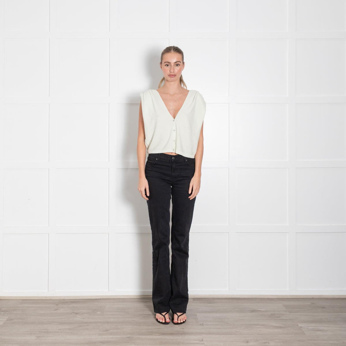 Ba & Sh Pistachio Green Sleeveless V-Back Crystal Button Sleeveless Knit Top