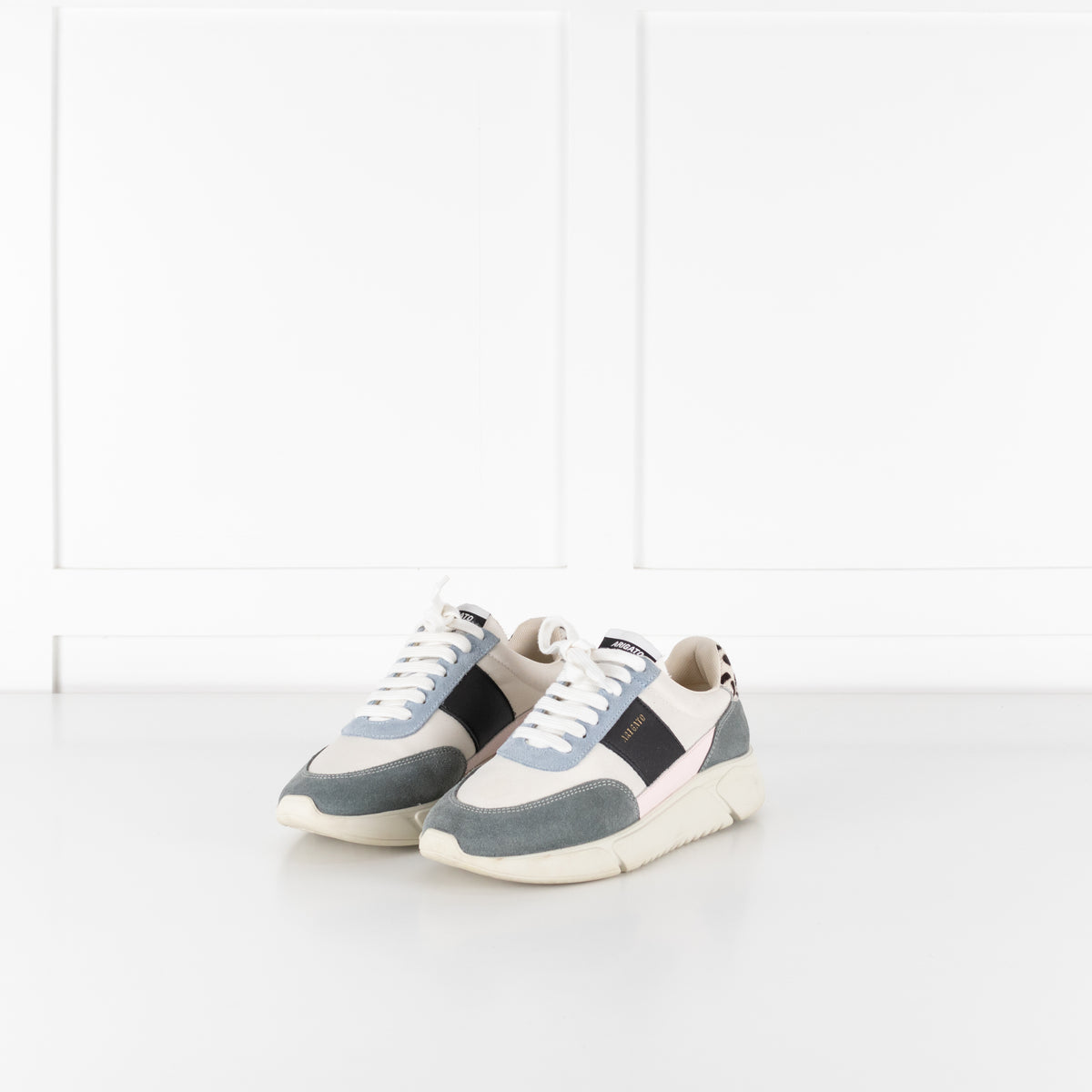 Axel Arigato Cream Genesis Vintage Runner Trainers With Blue Suede And Lepoard Print Heel
