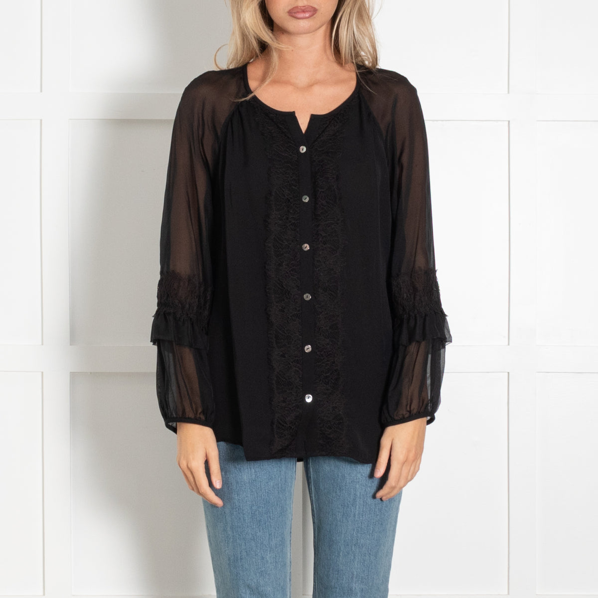Diane Von Furstenberg Black Lace Trim Blouse