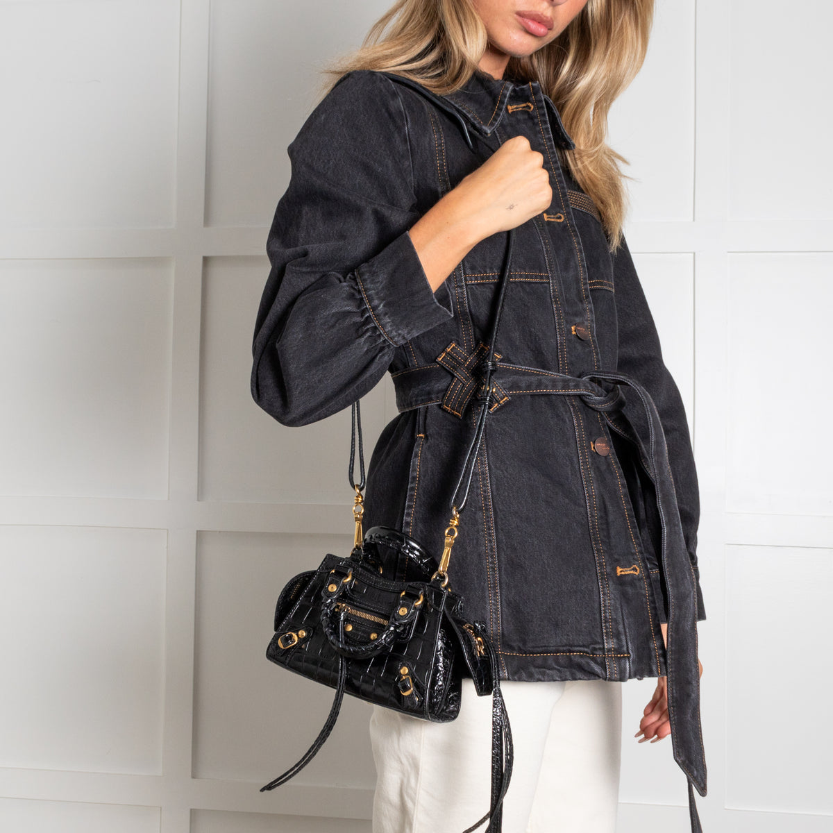 Balenciaga Black Croc Embossed Leather Nano Neo Cagole City Bag