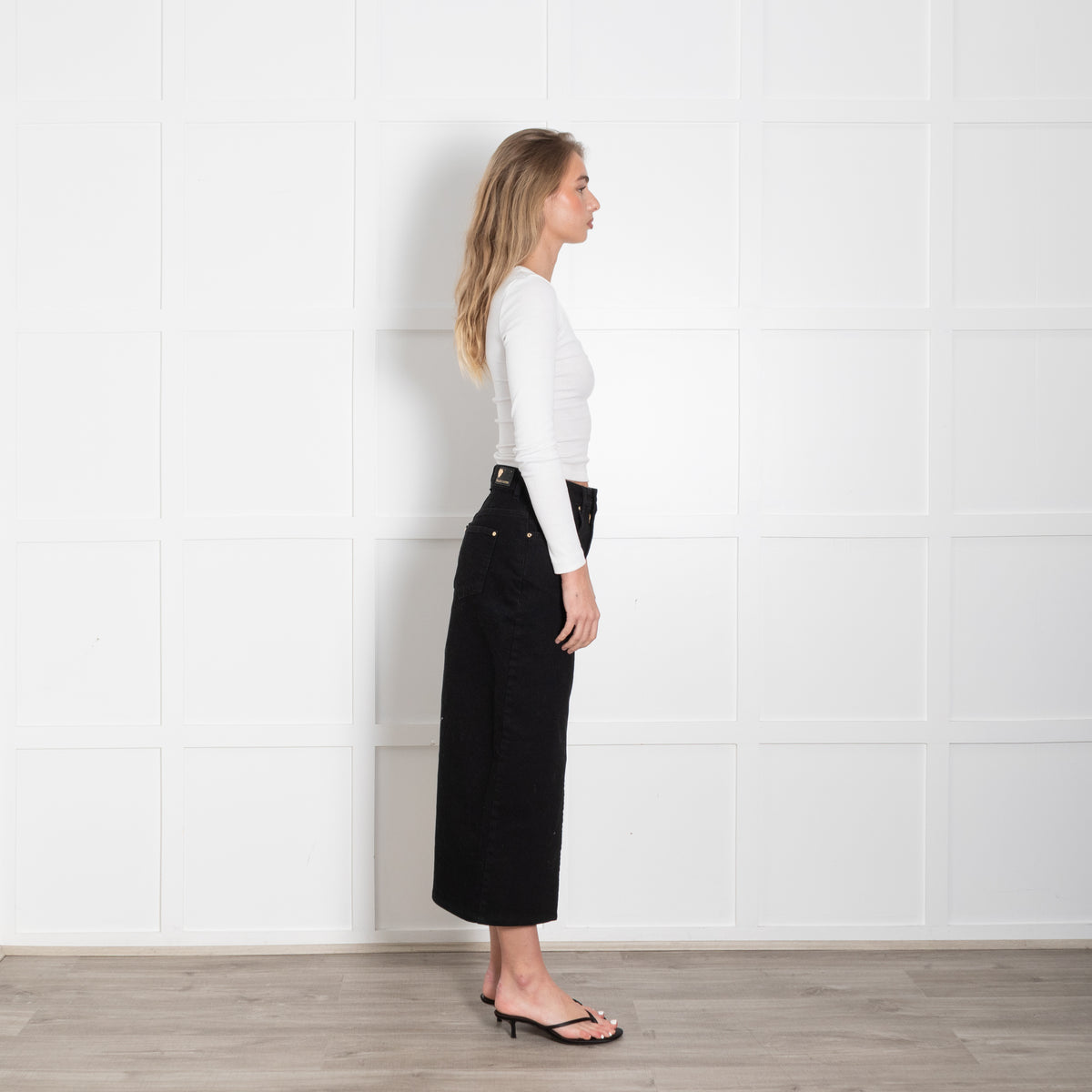 Holland Cooper Black Denim Pencil Midi Skirt With Split Front