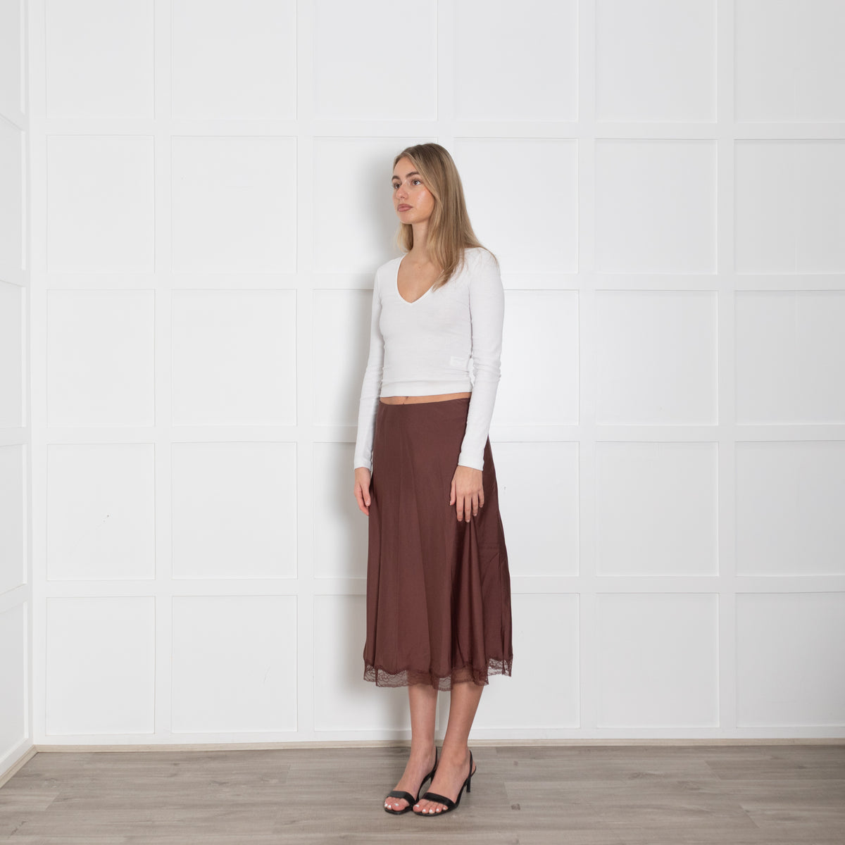ba&sh Brown Slip Skirt With Lace Hem
