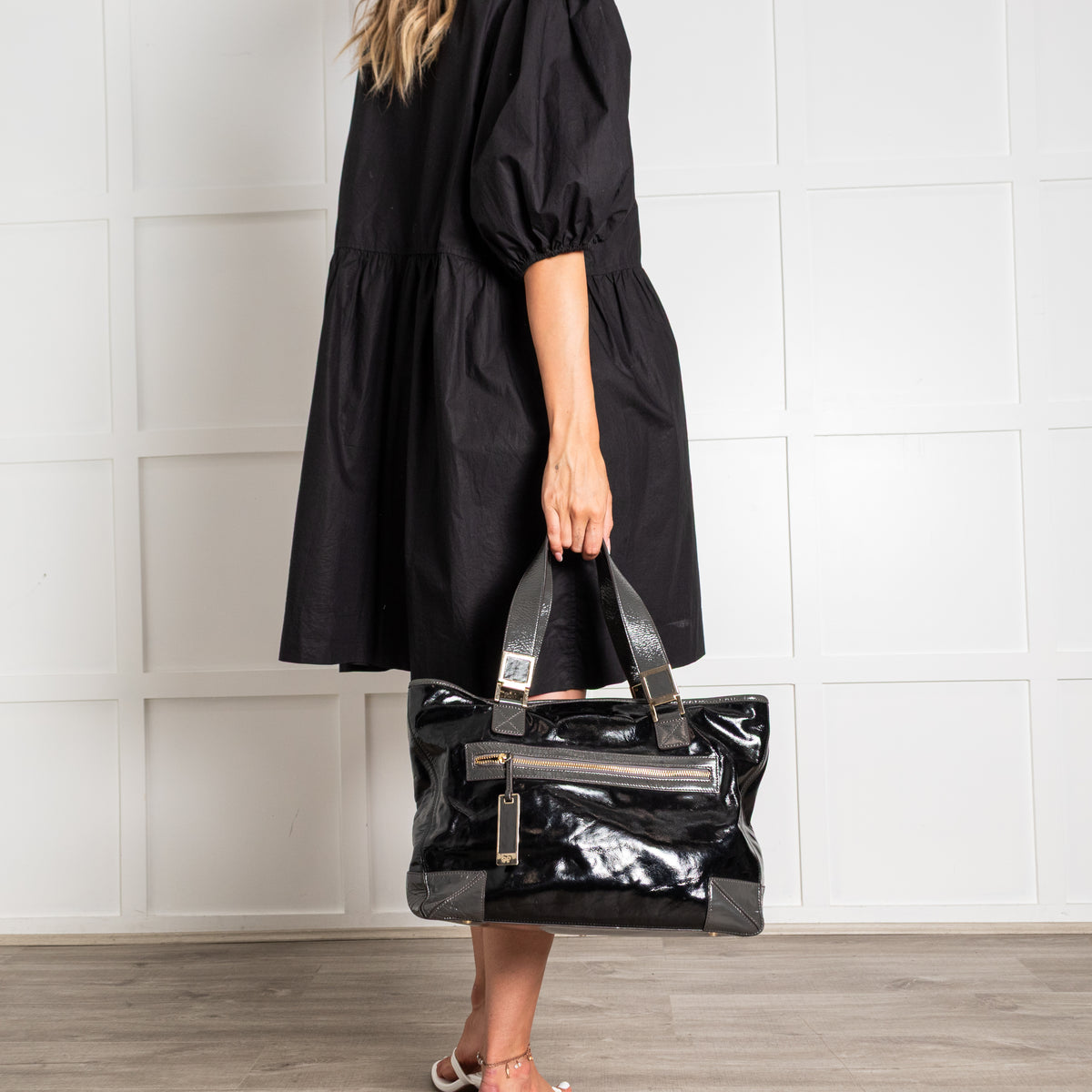 Anya Hindmarch Black Patent Grey Strap Gold Hardware Tote Bag