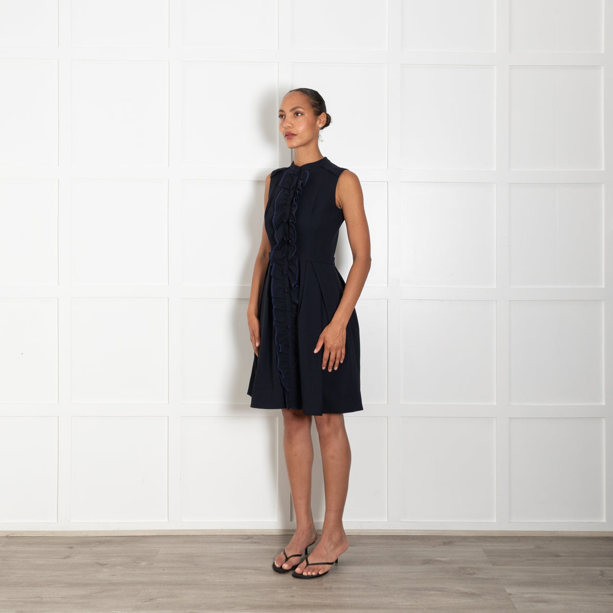 Machka Navy Blue Sleeveless Dress With Frill & Button Front