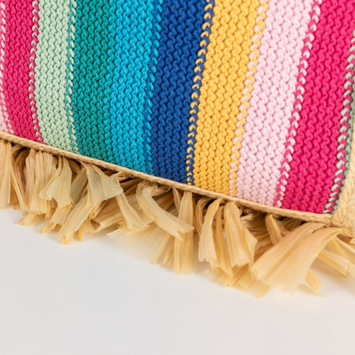 La Double J Vibrant Striped Crochet Knit Tote With Raffia Fringe Trim