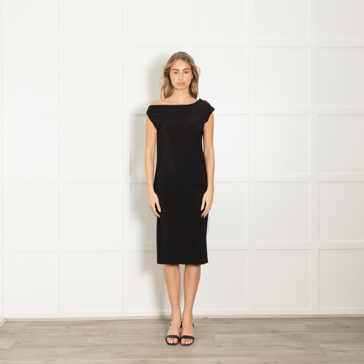 Norma Kamali Black Off Shoulder Sleeveless Knee Length Dress