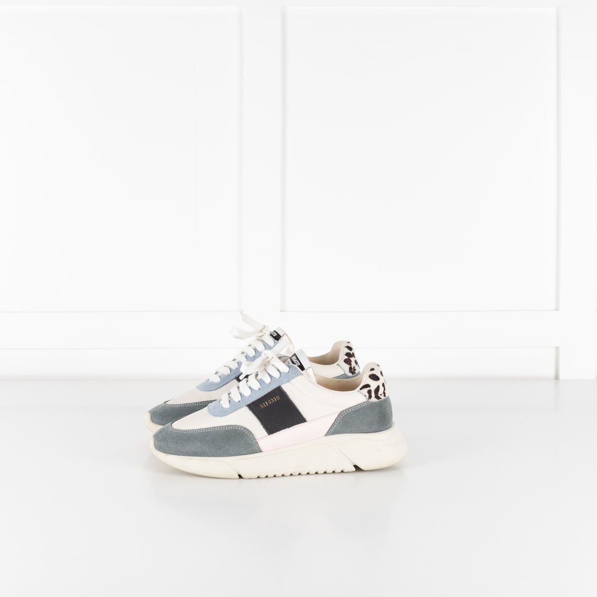 Axel Arigato Cream Genesis Vintage Runner Trainers With Blue Suede And Lepoard Print Heel