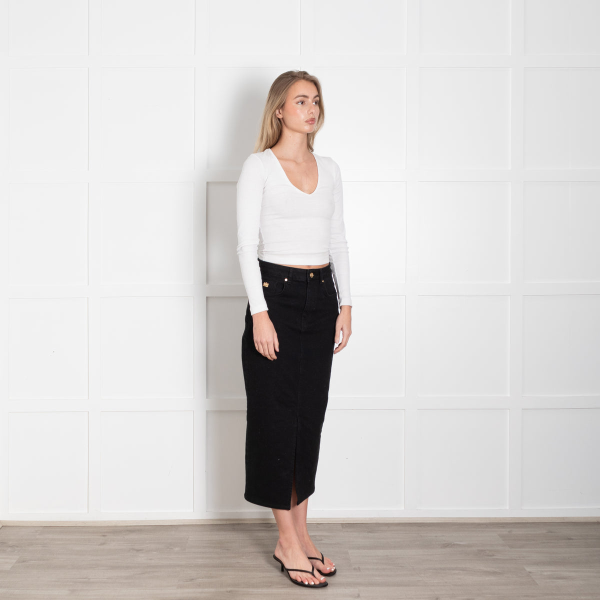 Holland Cooper Black Denim Pencil Midi Skirt With Split Front