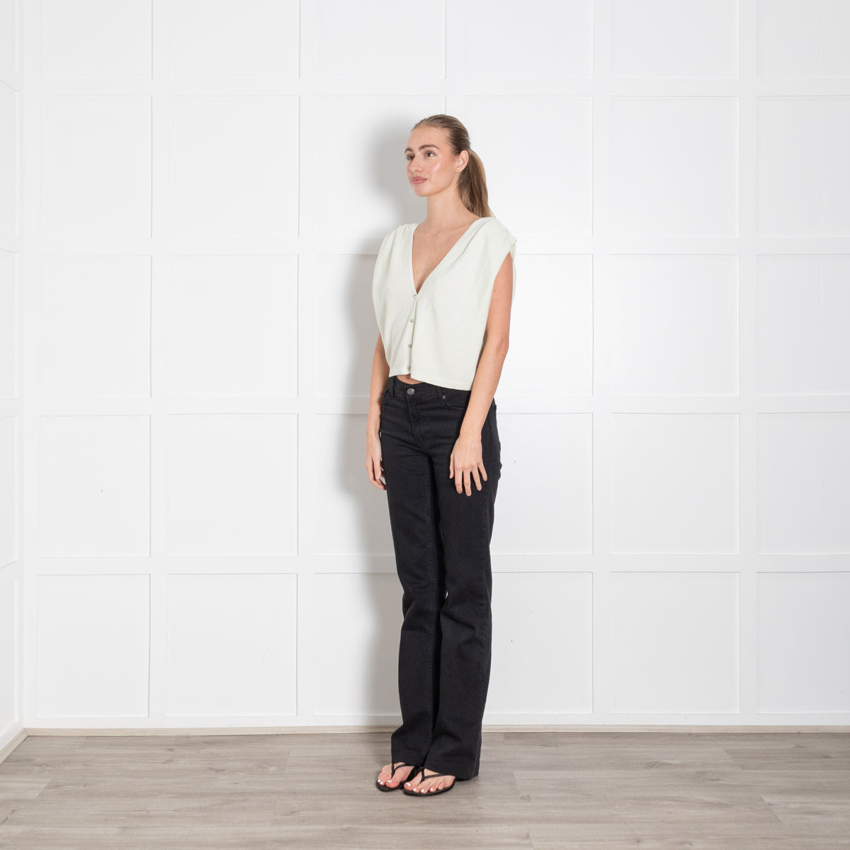 Ba & Sh Pistachio Green Sleeveless V-Back Crystal Button Sleeveless Knit Top