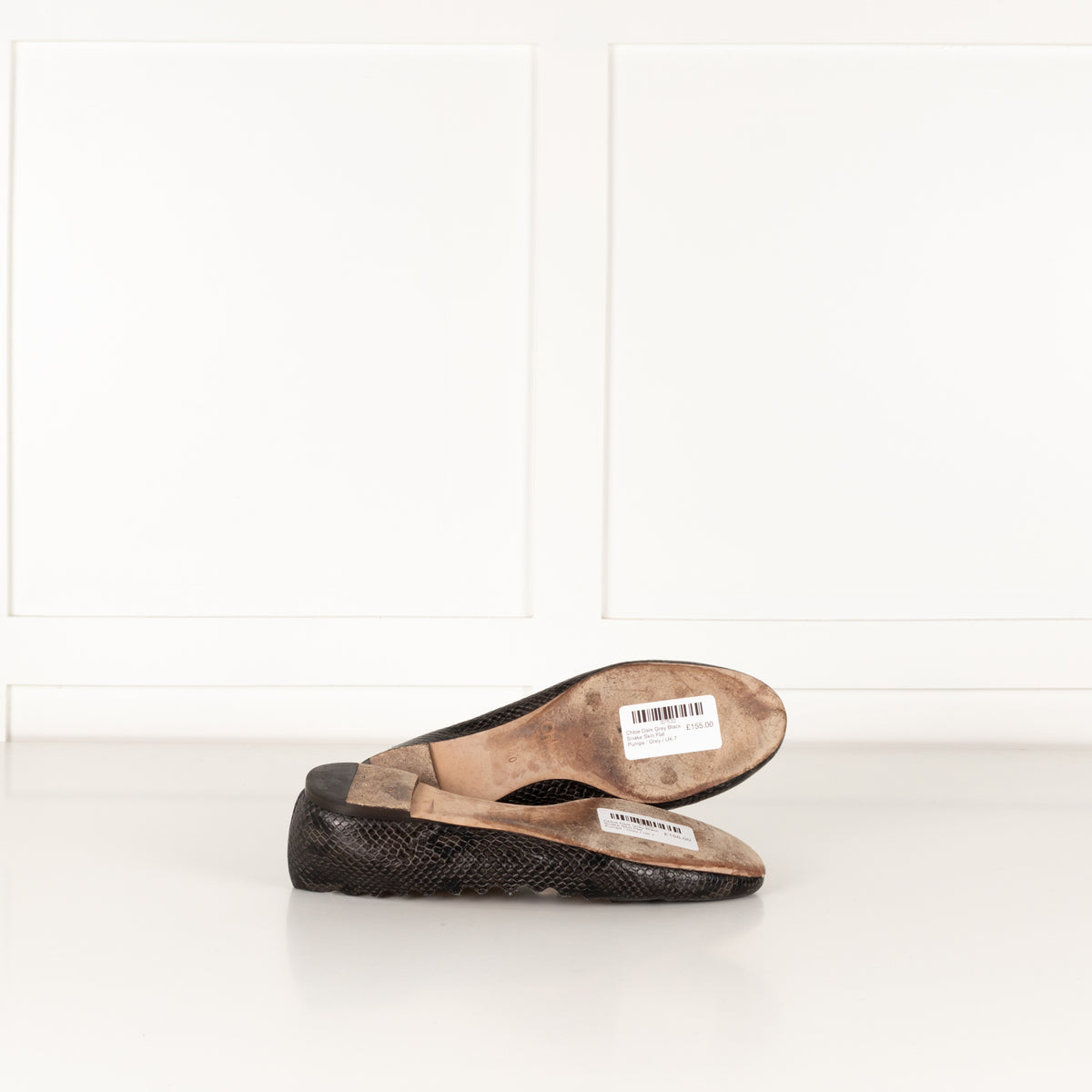 Chloe Dark Grey Black Snake Skin Flat Pumps