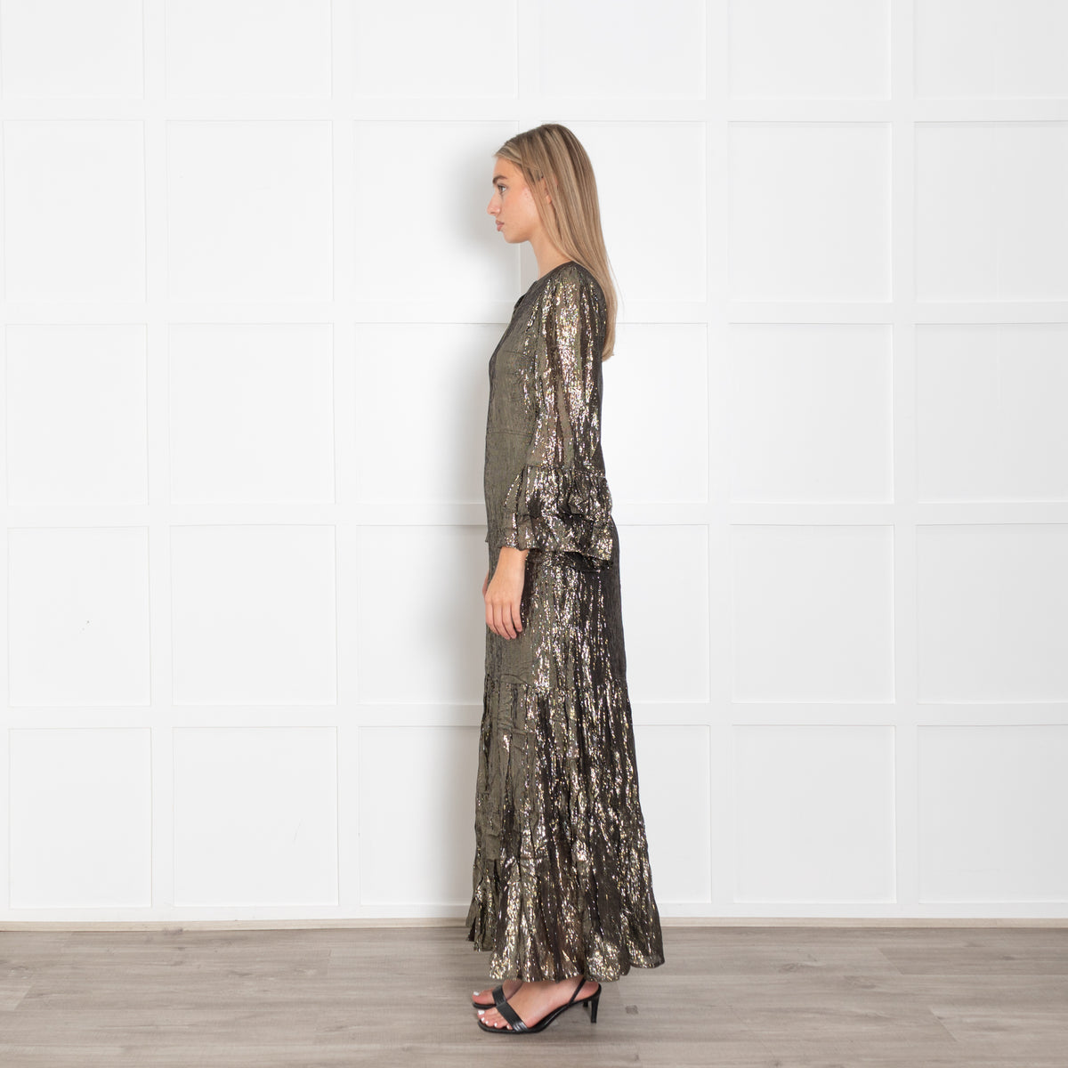 Queens of Archive Black  and Gold Tiered Maxi Dress