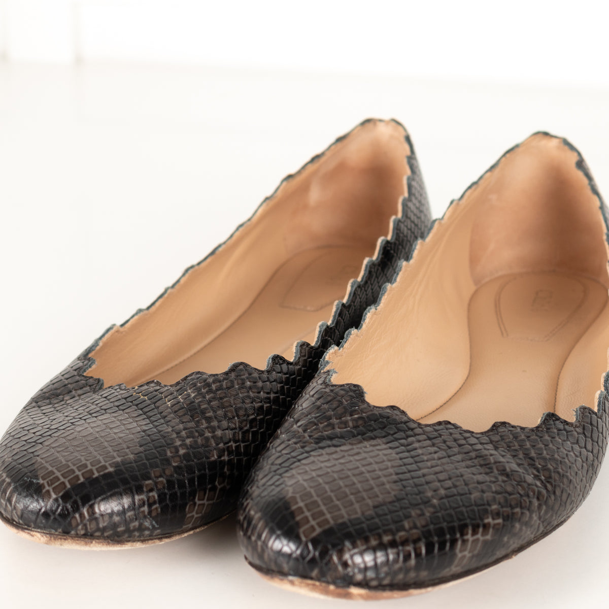 Chloe Dark Grey Black Snake Skin Flat Pumps